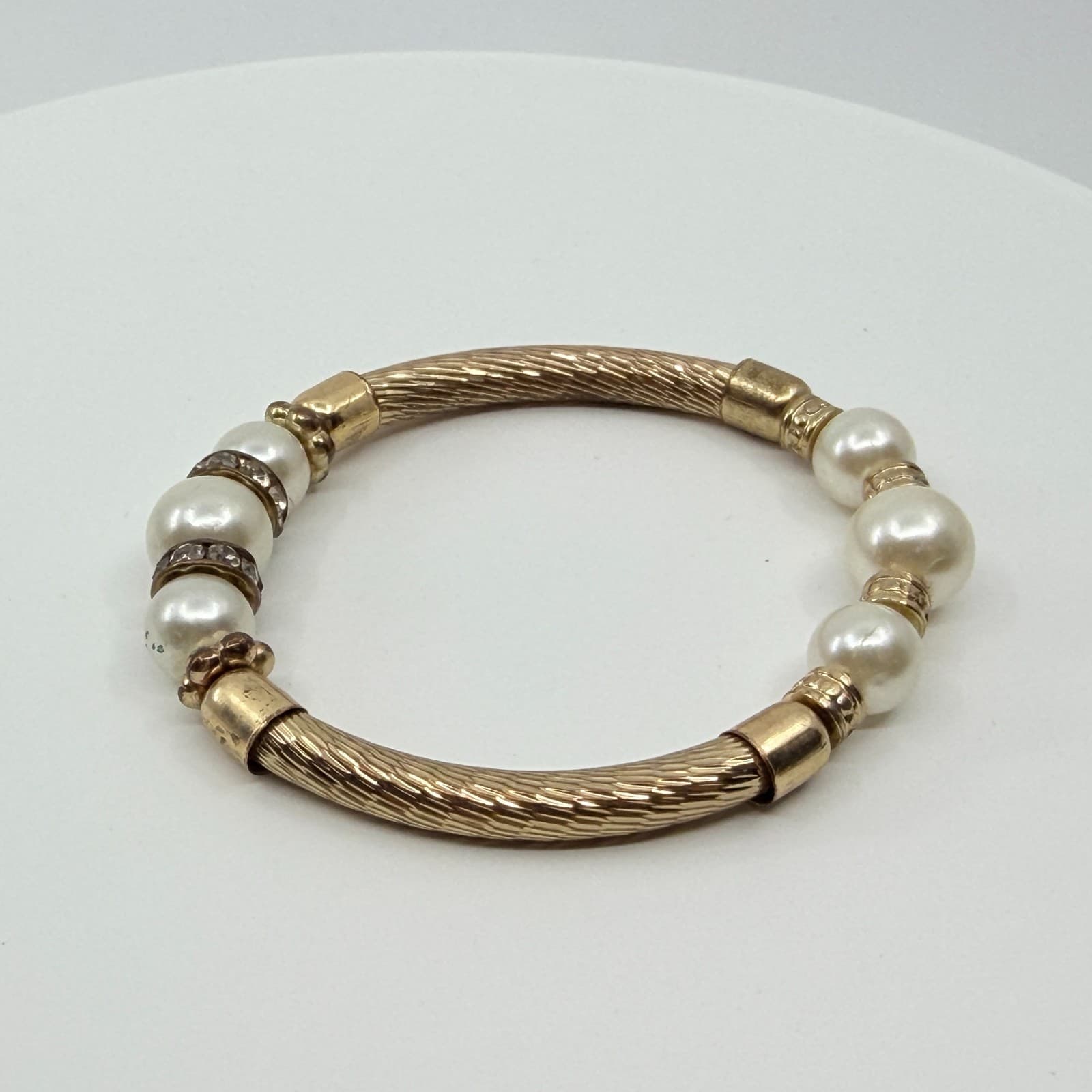 Vintage Faux Pearl Textured Cable Stretch Bracelet Gold Tone Rhinestone Accent - Thumbnail 5