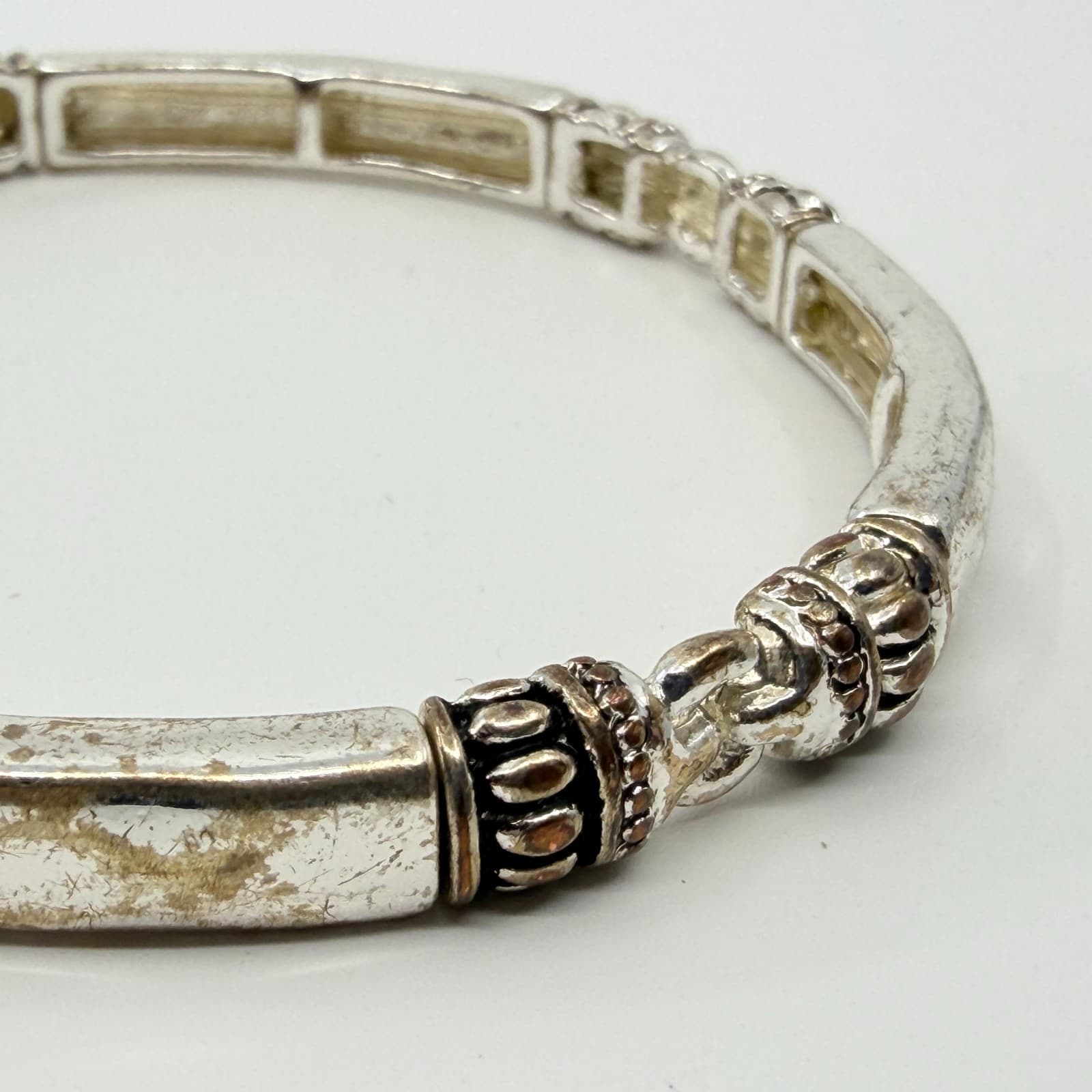 Vintage Silver Tone Stretch Link Bracelet Distressed Balinese Style Stackable - Thumbnail 6
