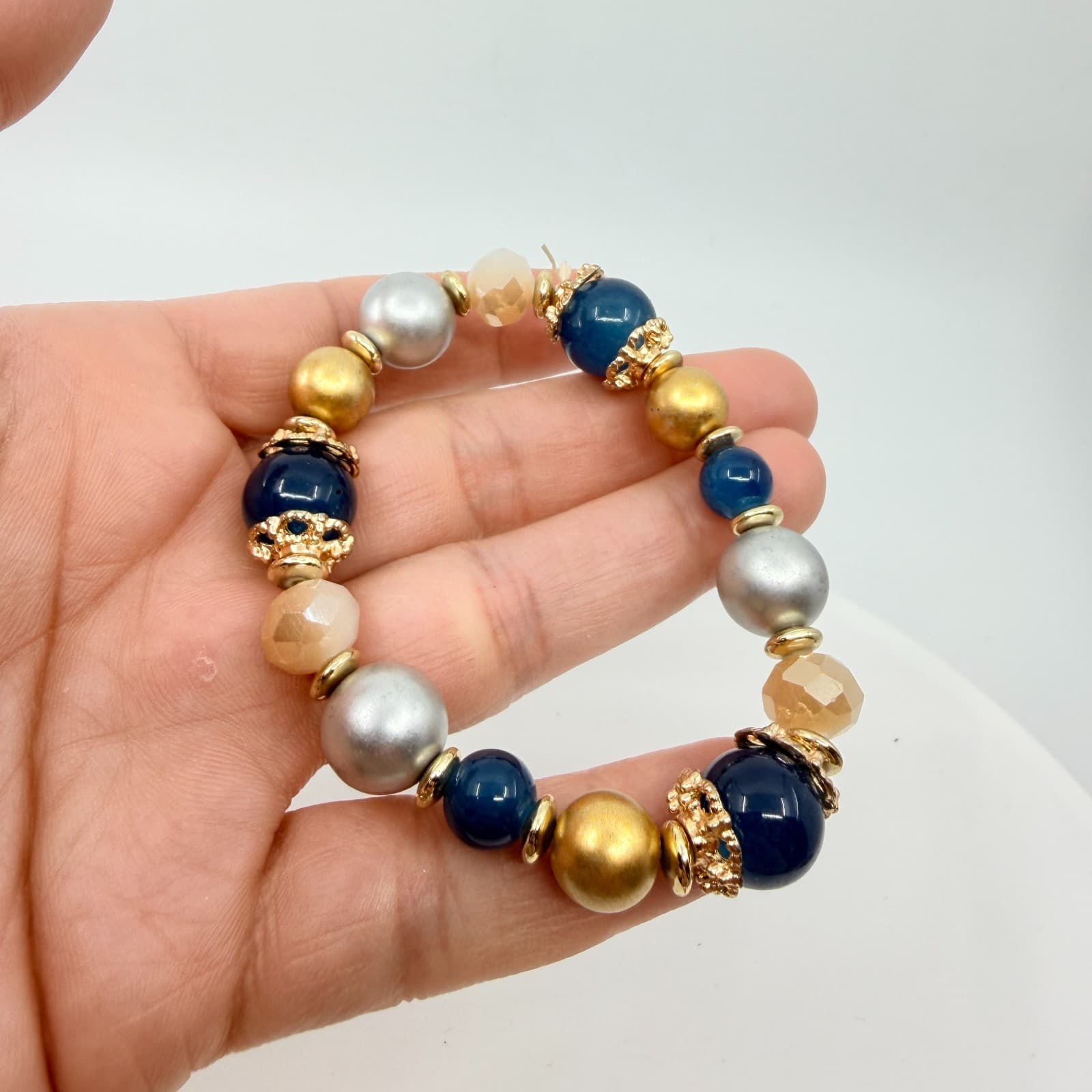 VTG Multi Bead Stretch Bracelet Gold & Silver Tone Blue Chunky Statement Jewelry - Thumbnail 9