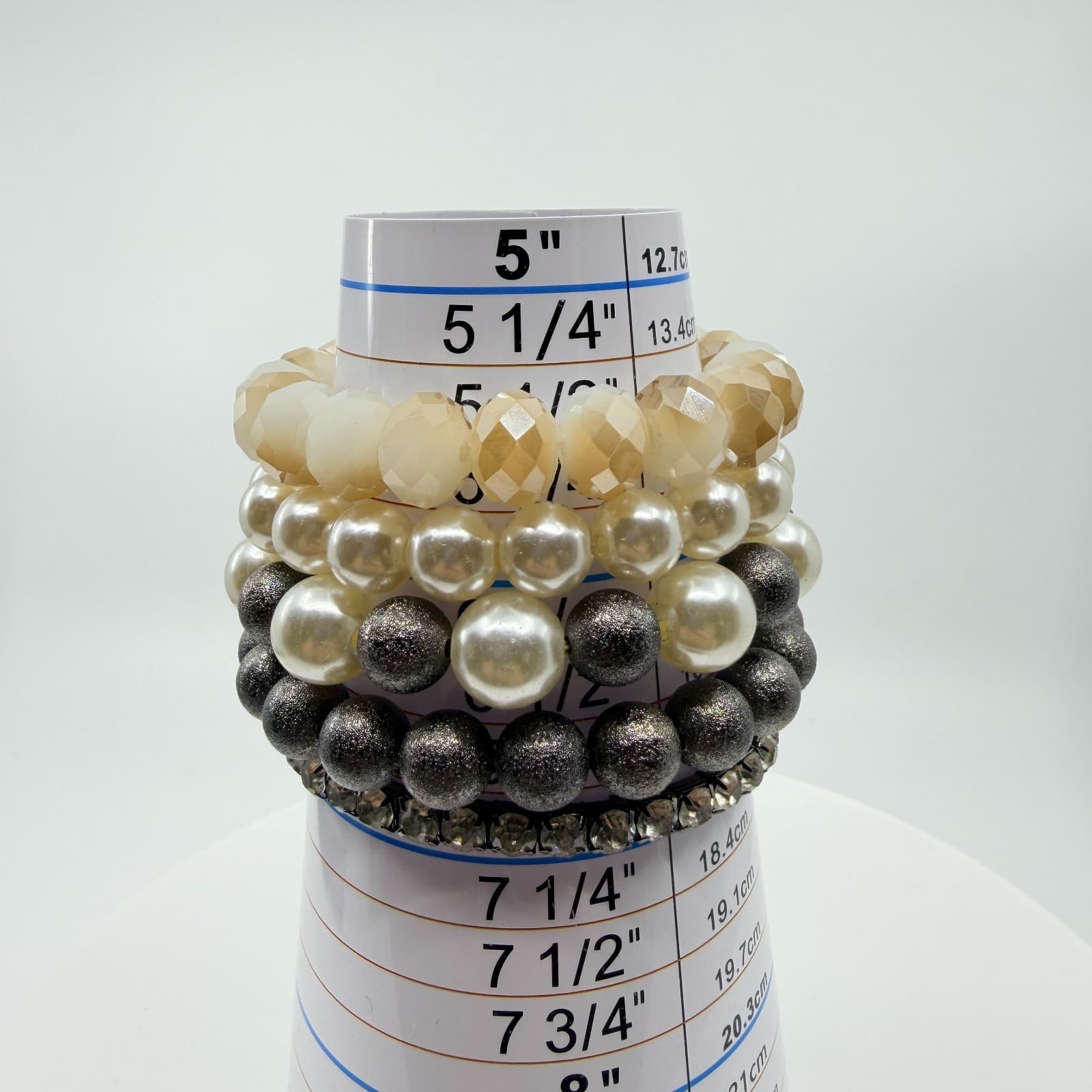 VTG Faux Pearl Rhinestone Stacked Multi Strand Stretch Bracelet Set Cream Grey - Thumbnail 11