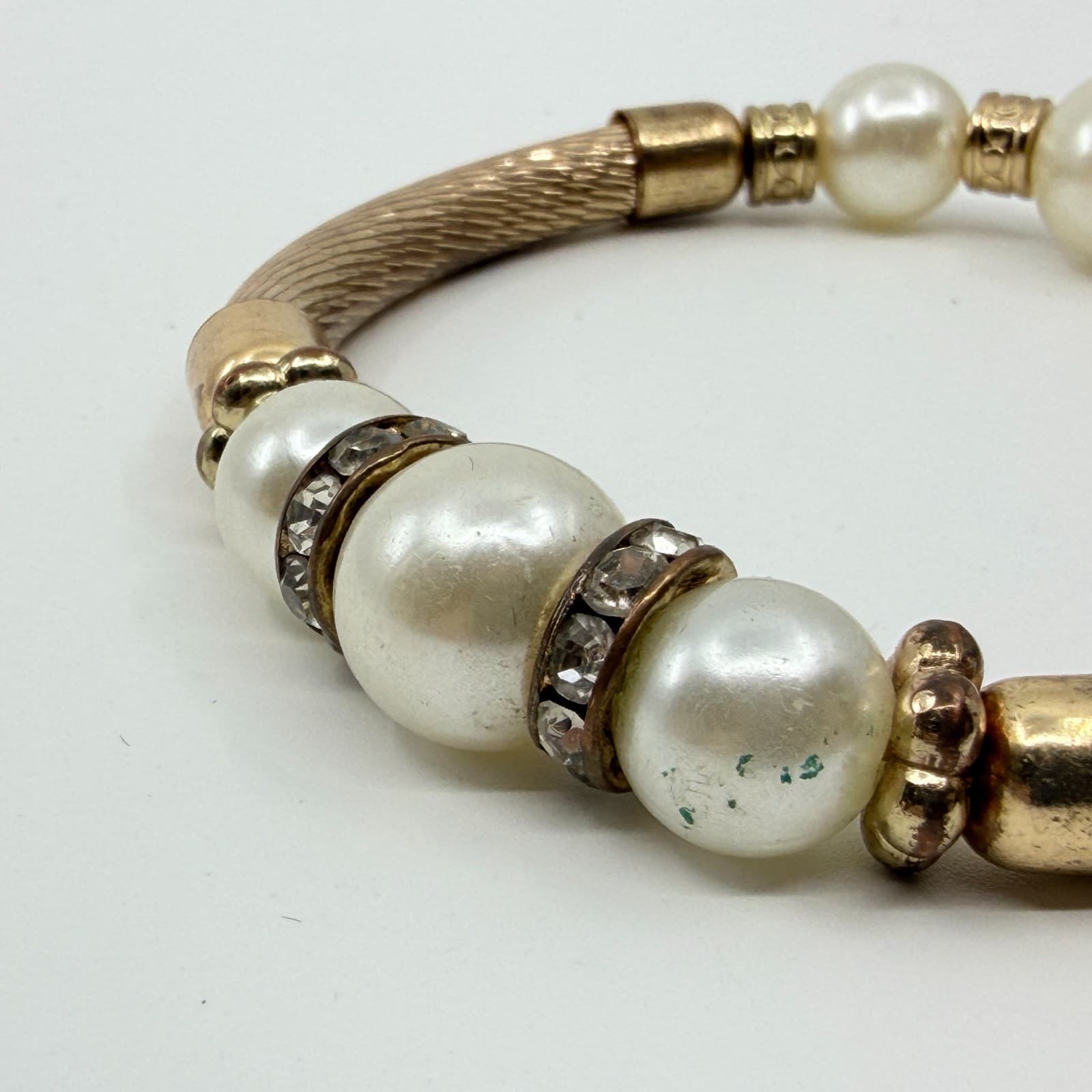 Vintage Faux Pearl Textured Cable Stretch Bracelet Gold Tone Rhinestone Accent - Thumbnail 4