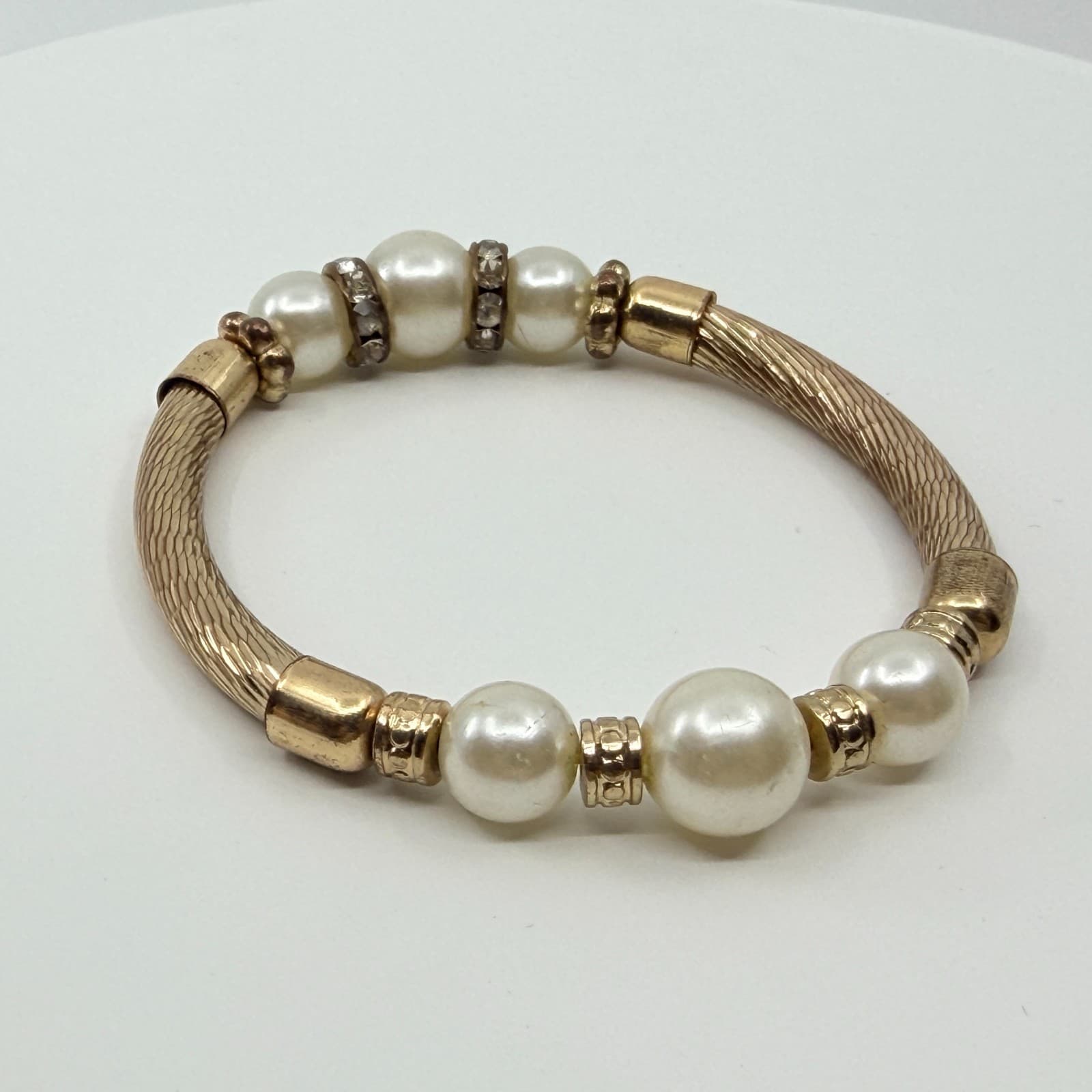 Vintage Faux Pearl Textured Cable Stretch Bracelet Gold Tone Rhinestone Accent - Thumbnail 6