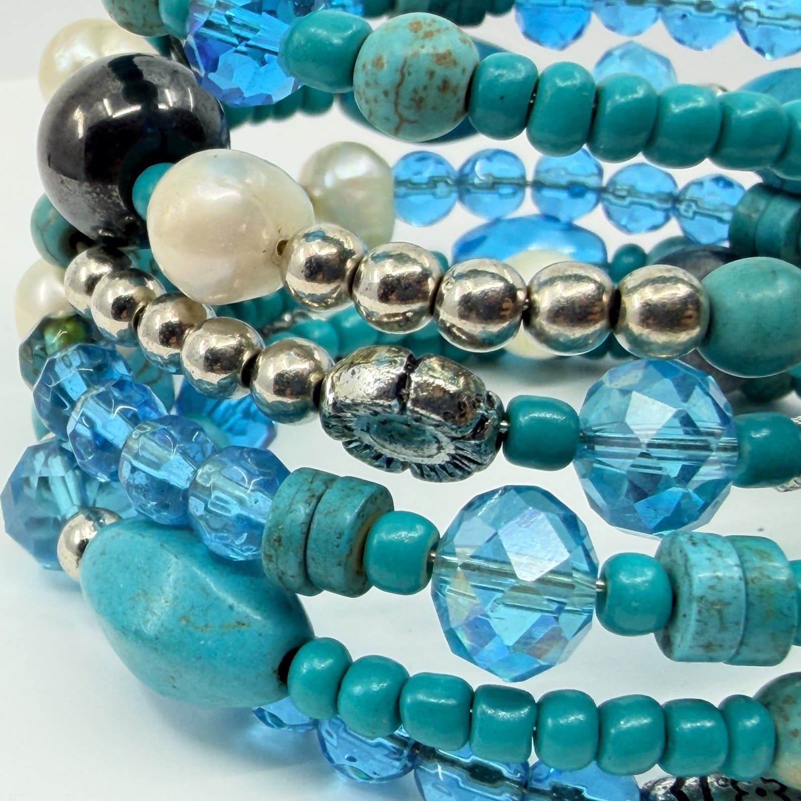 Vintage Faux Turquoise Blue Crystal Bead Multi Layer Stack Wrap Coil Bracelet - Thumbnail 6