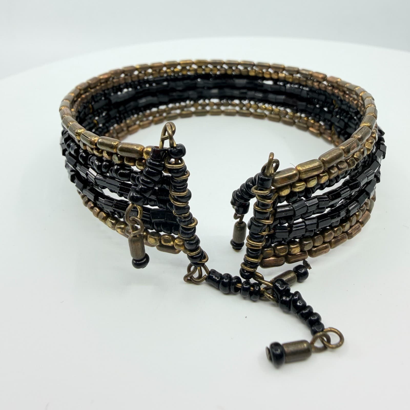 Vintage Y2K Gothic Black Seed Bead Bronze Multi Strand Wide Cuff Bracelet Retro - Thumbnail 3