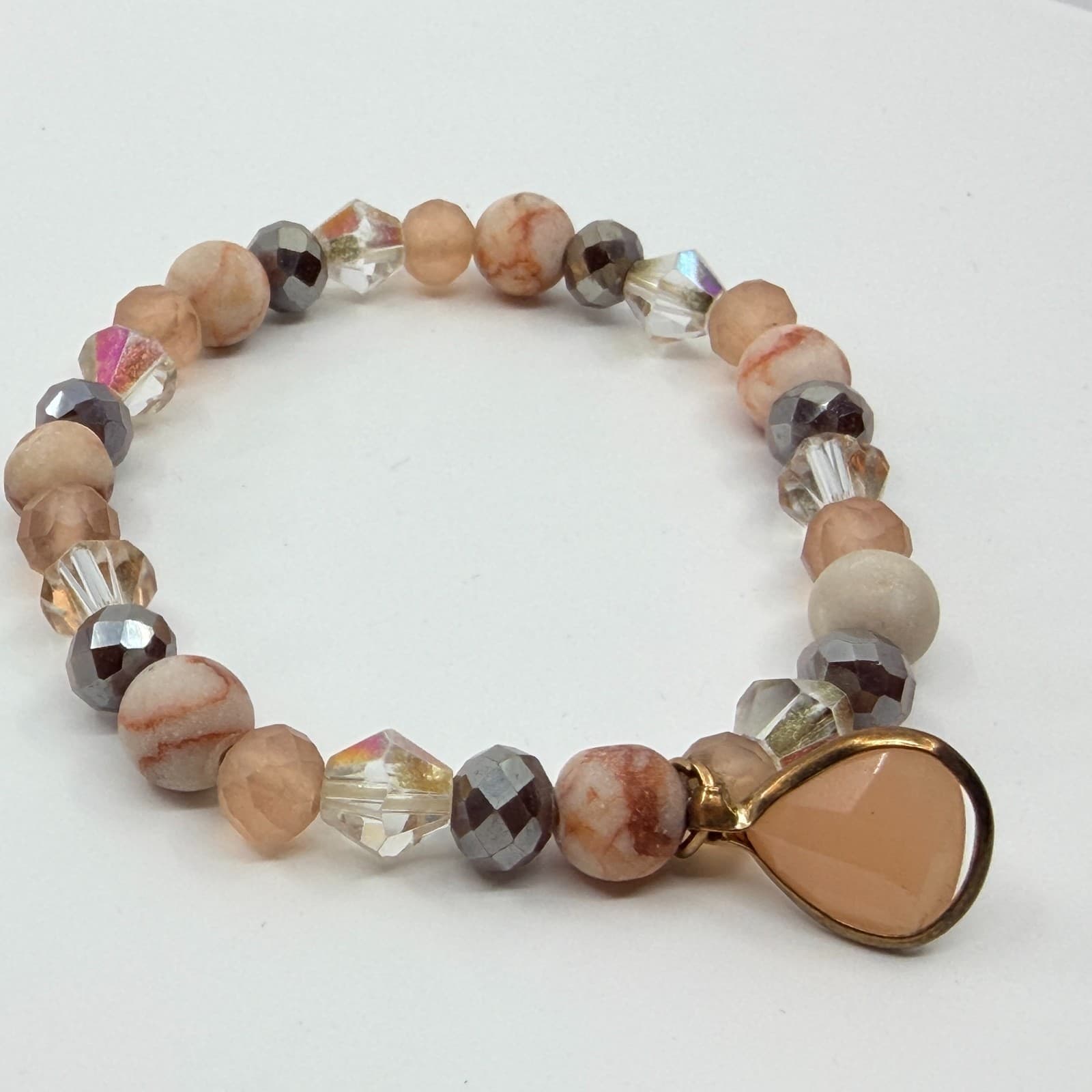 Vintage Peach Beaded Stretch Bracelet Faceted Crystal Teardrop Charm Boho Retro - Thumbnail 6