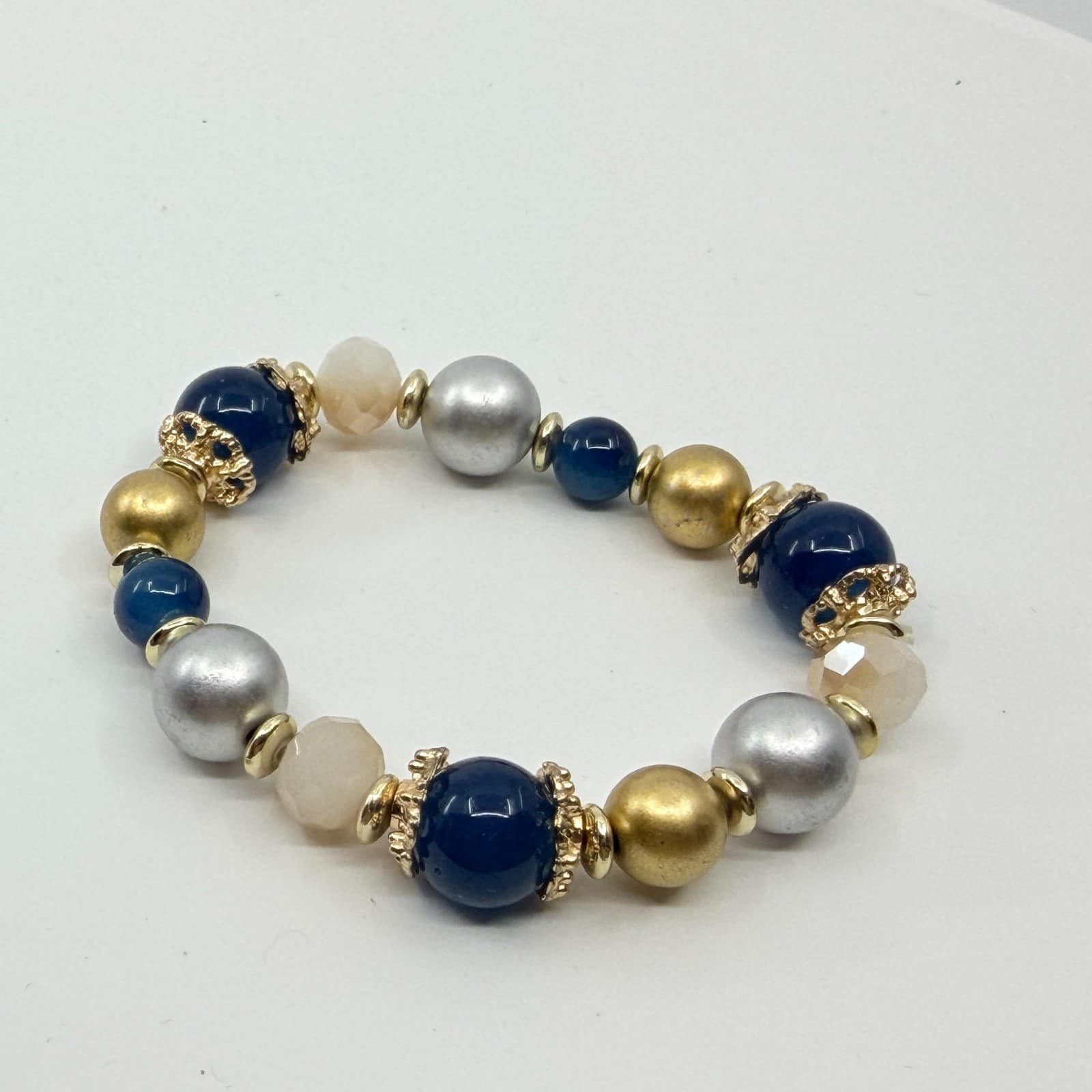 VTG Multi Bead Stretch Bracelet Gold & Silver Tone Blue Chunky Statement Jewelry - Thumbnail 7