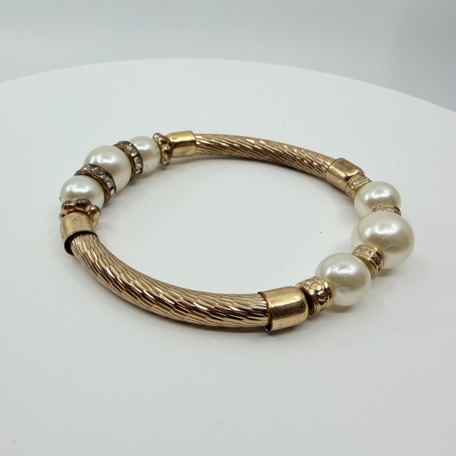 Vintage Faux Pearl Textured Cable Stretch Bracelet Gold Tone Rhinestone Accent - Thumbnail 3
