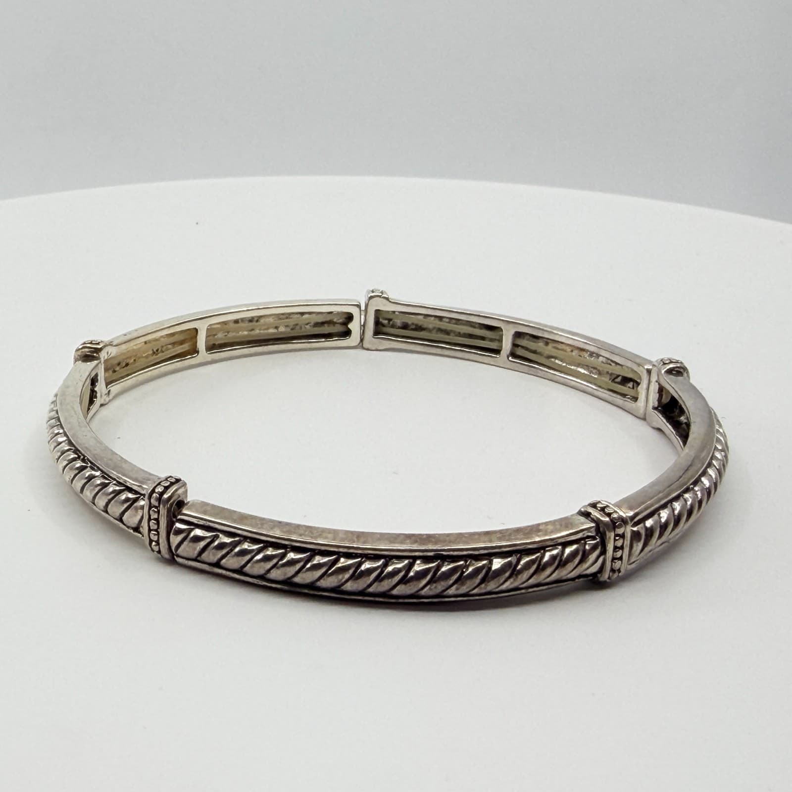 Vintage Silver Tone Twisted Cable Segmented Stretch Bangle Bracelet Boho Classic - Thumbnail 6