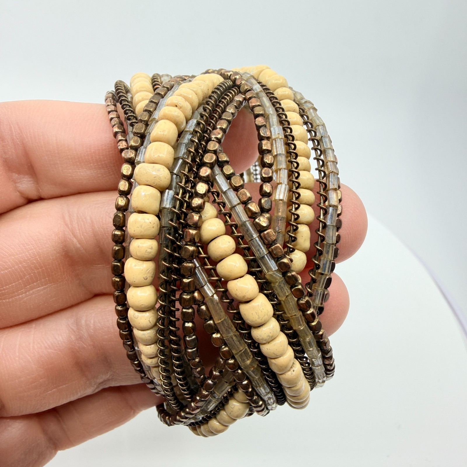 Vintage Multi Strand Beaded Cuff Bracelet Cream Bronze Tone Layered Statement - Thumbnail 11