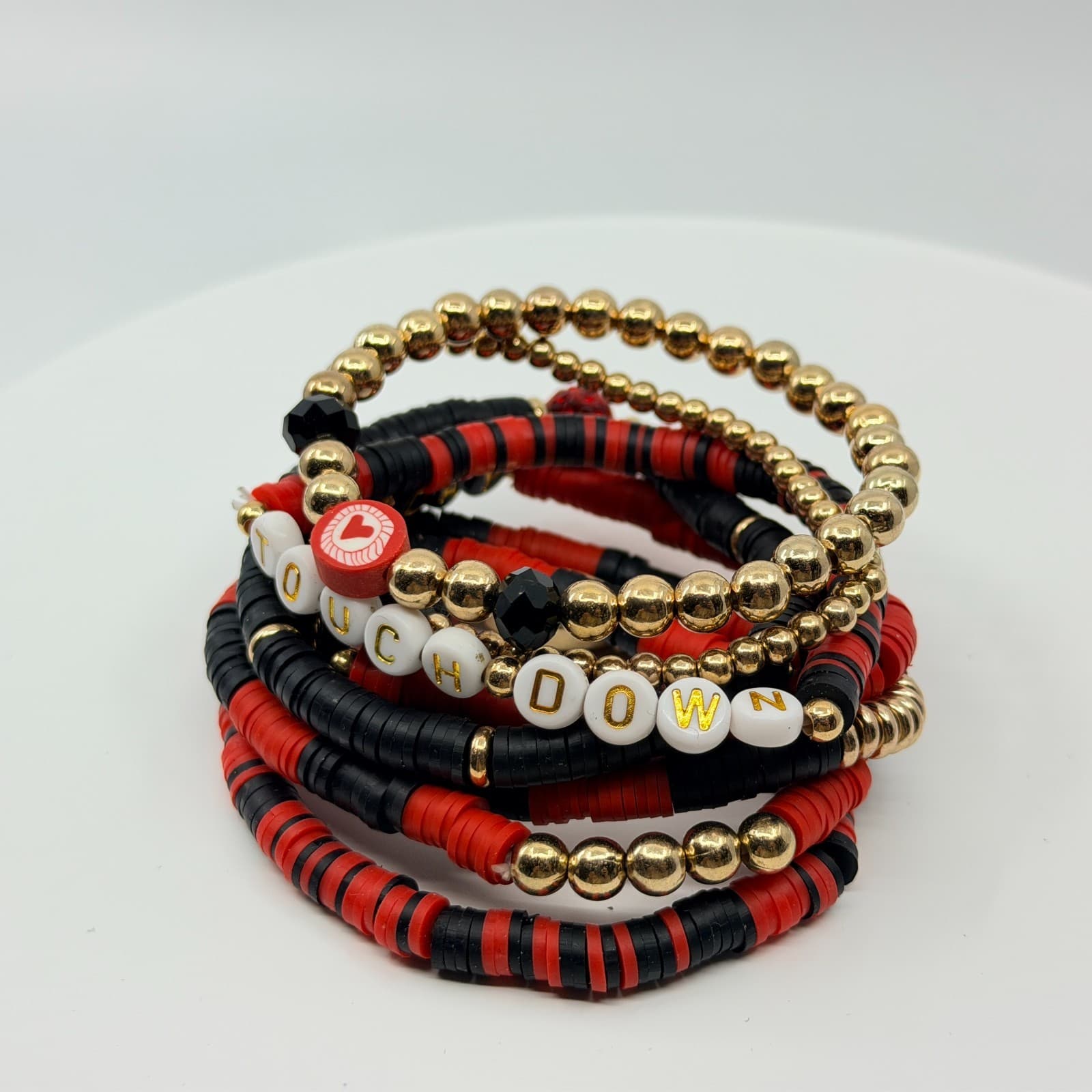 Vintage Game Day Football Touchdown Beaded Stretch Bracelets Red Black Stack Set - Thumbnail 8