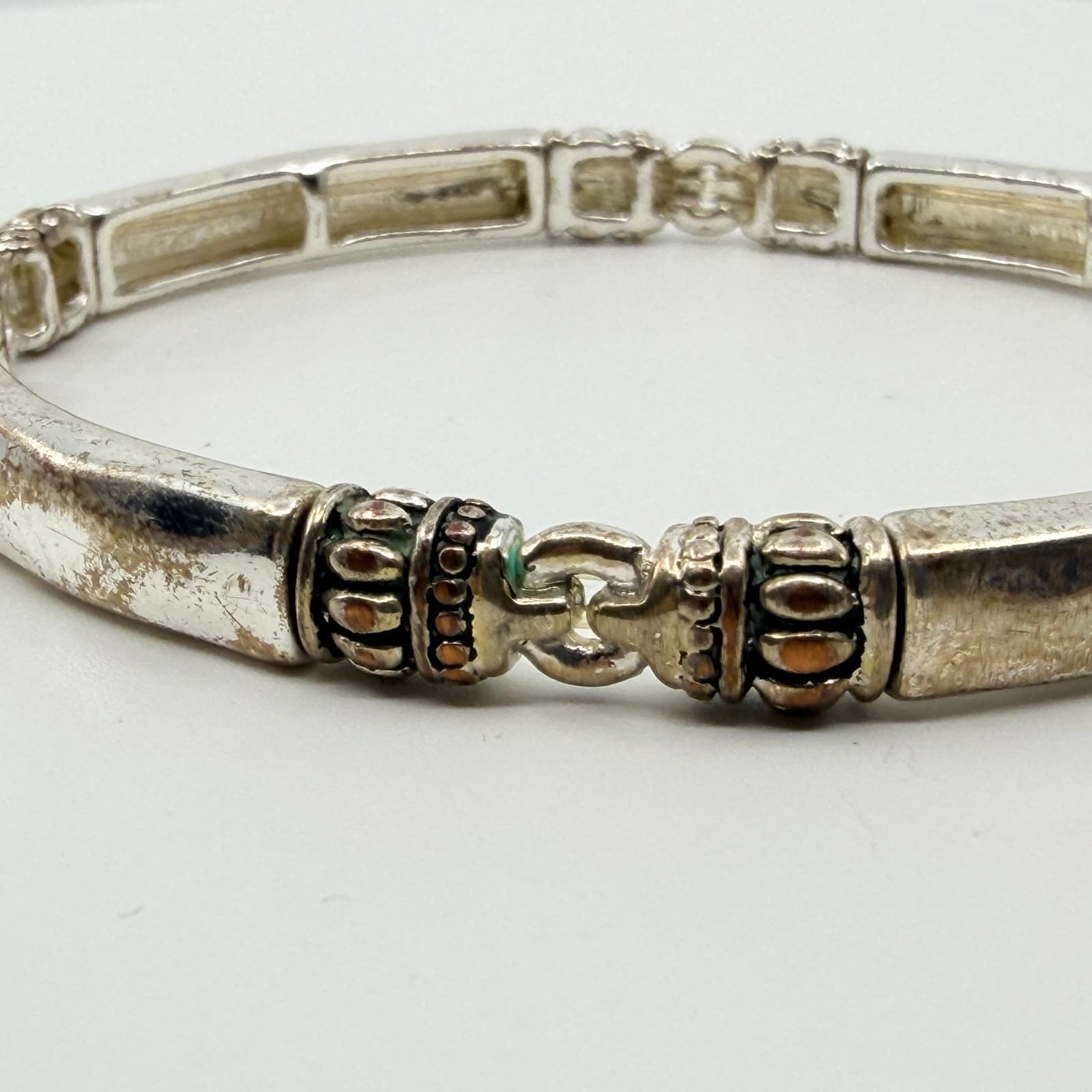 Vintage Silver Tone Stretch Link Bracelet Distressed Balinese Style Stackable - Thumbnail 4
