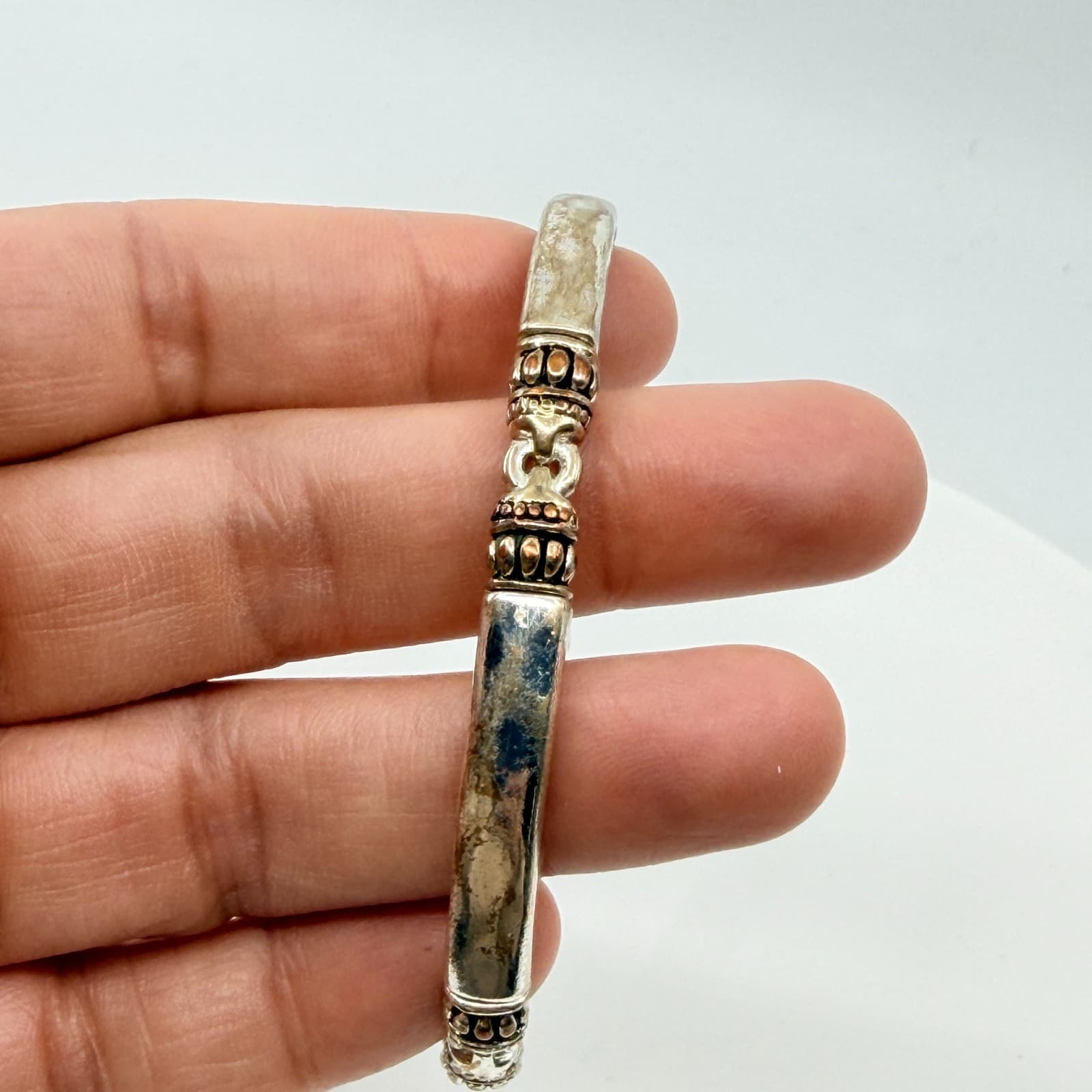 Vintage Silver Tone Stretch Link Bracelet Distressed Balinese Style Stackable - Thumbnail 7