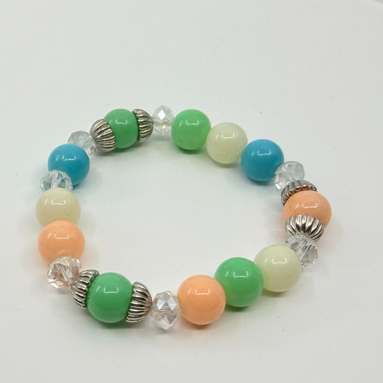 Vintage Pastel Stretch Bracelet Multi Color Lucite Acrylic Beads Silver Tone - Thumbnail 4