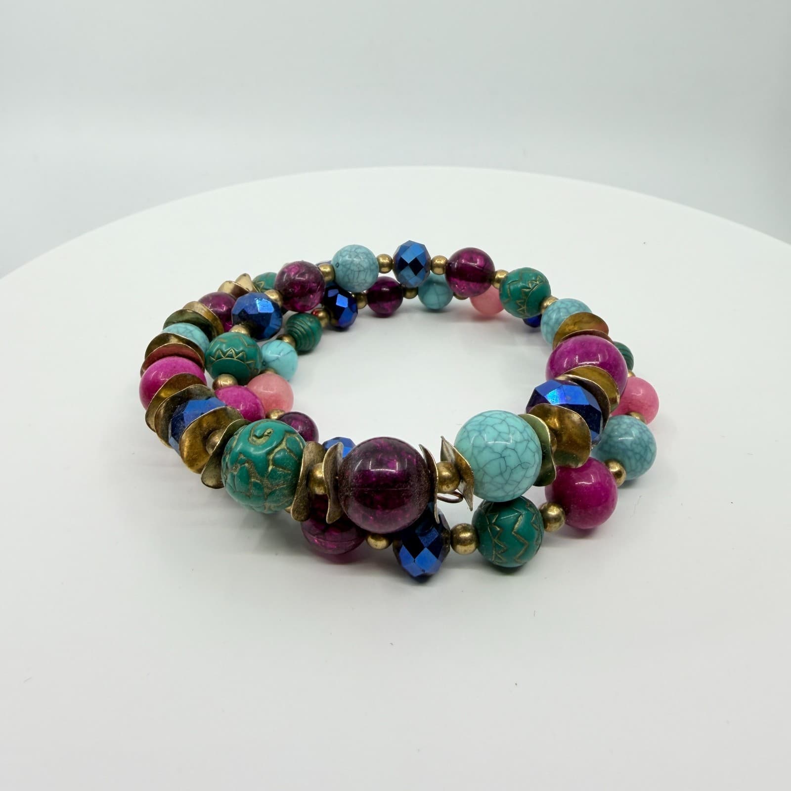 Vintage Boho Multi Color Faux Turquoise Beaded Memory Wire Wrap Cuff Bracelet - Thumbnail 3