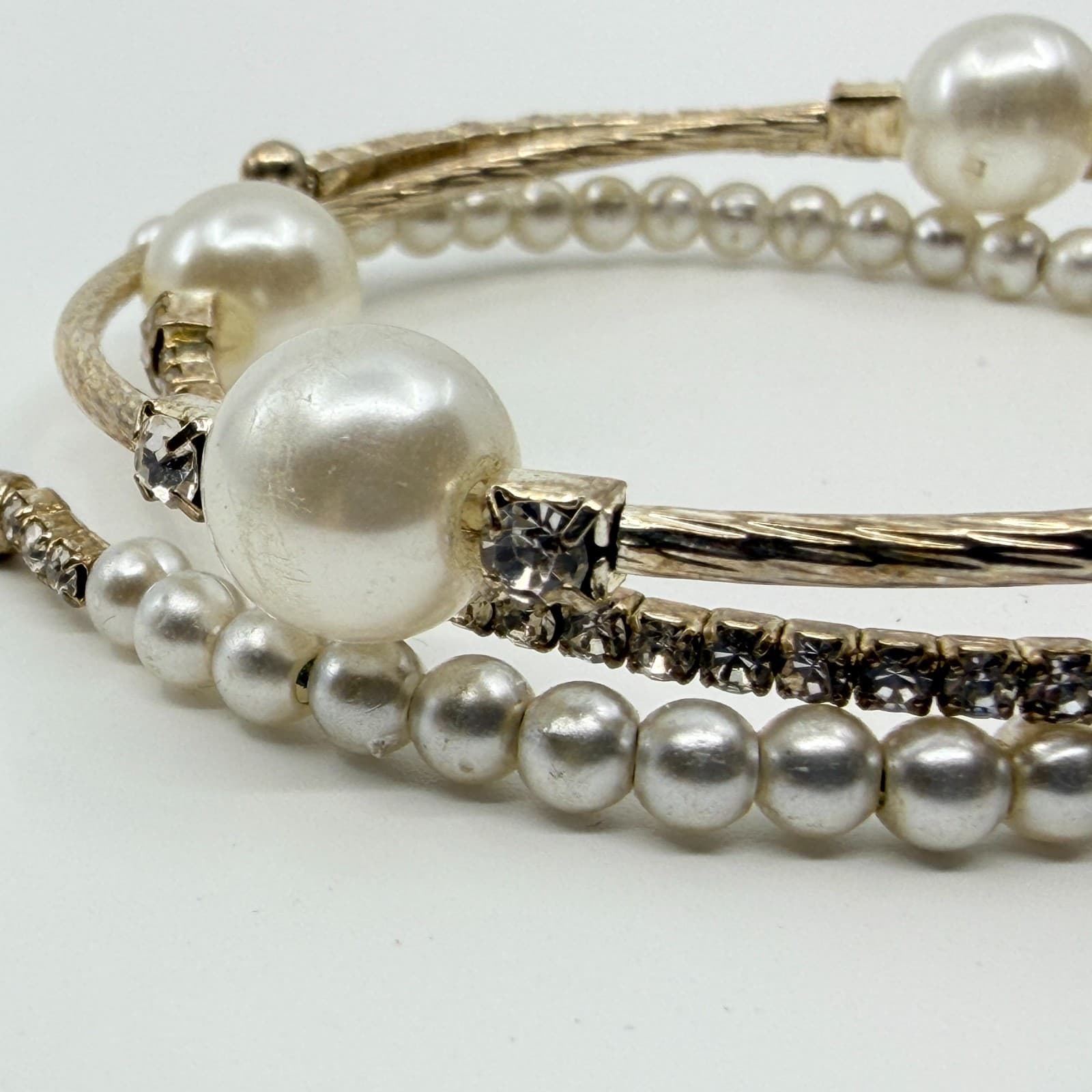 Vintage Faux Pearl Rhinestone Coil Wrap Bracelet Gold Tone Layered Cuff Retro - Thumbnail 5