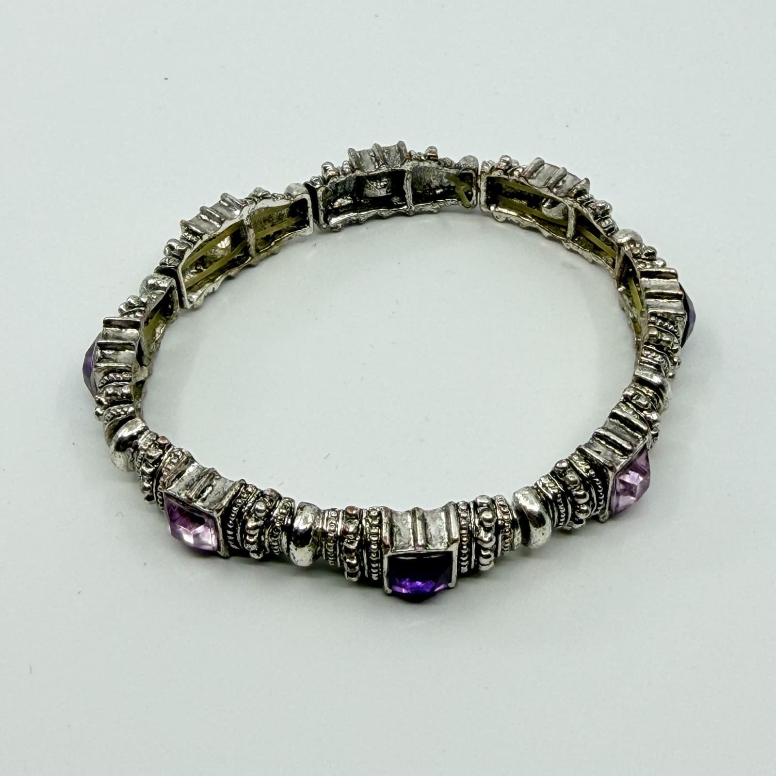 Vintage Y2K Silver Tone Purple Rhinestone Ornate Bali Style Stretch Bracelet - Thumbnail 7