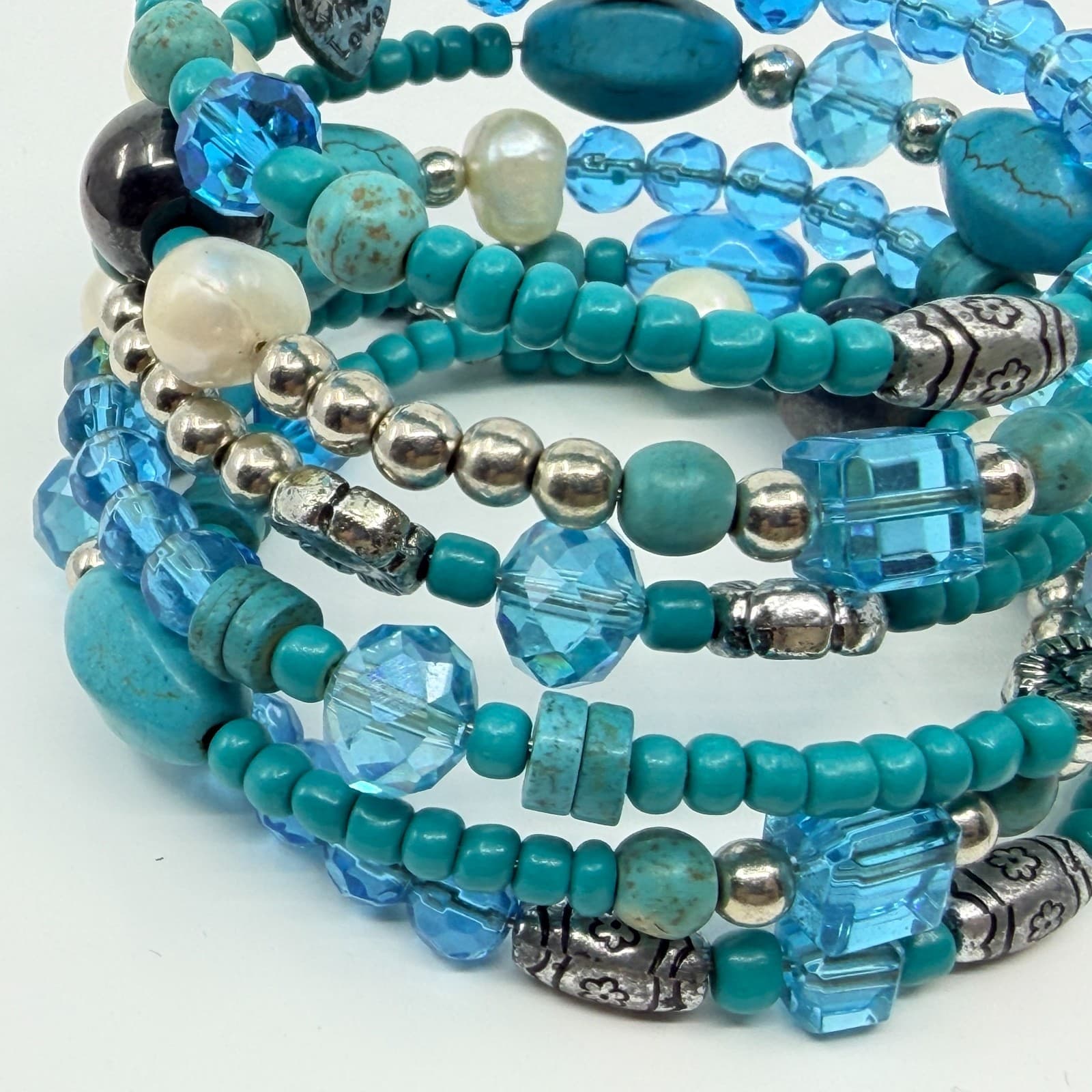 Vintage Faux Turquoise Blue Crystal Bead Multi Layer Stack Wrap Coil Bracelet - Thumbnail 5
