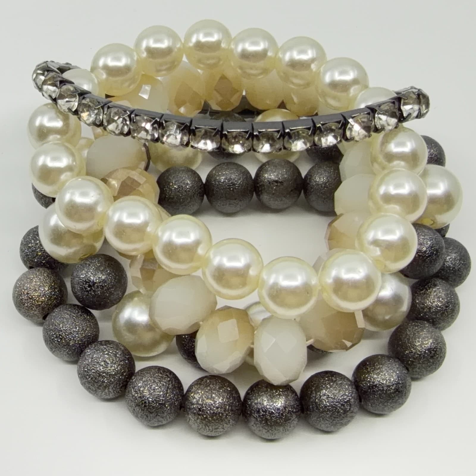 VTG Faux Pearl Rhinestone Stacked Multi Strand Stretch Bracelet Set Cream Grey - Thumbnail 6