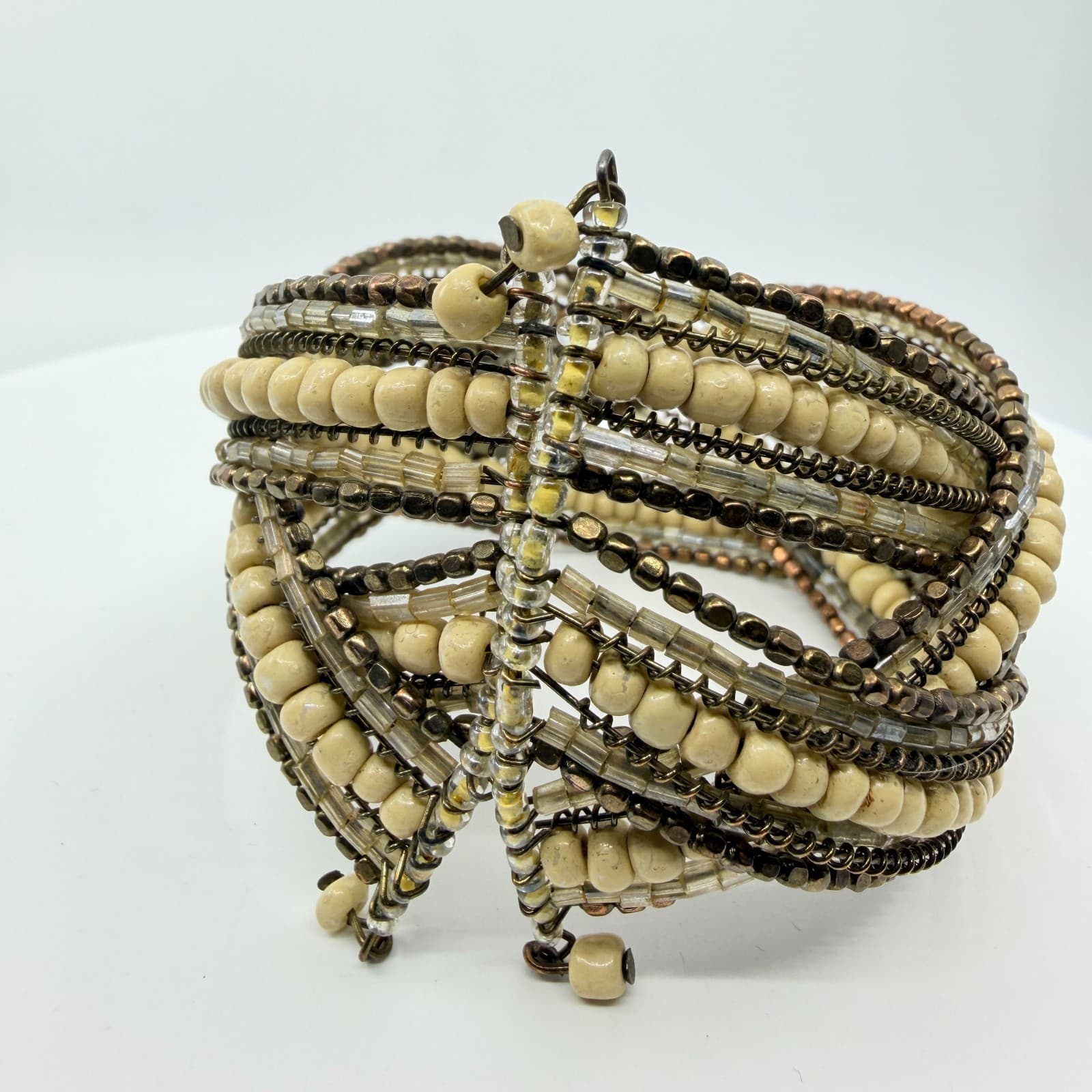 Vintage Multi Strand Beaded Cuff Bracelet Cream Bronze Tone Layered Statement - Thumbnail 4
