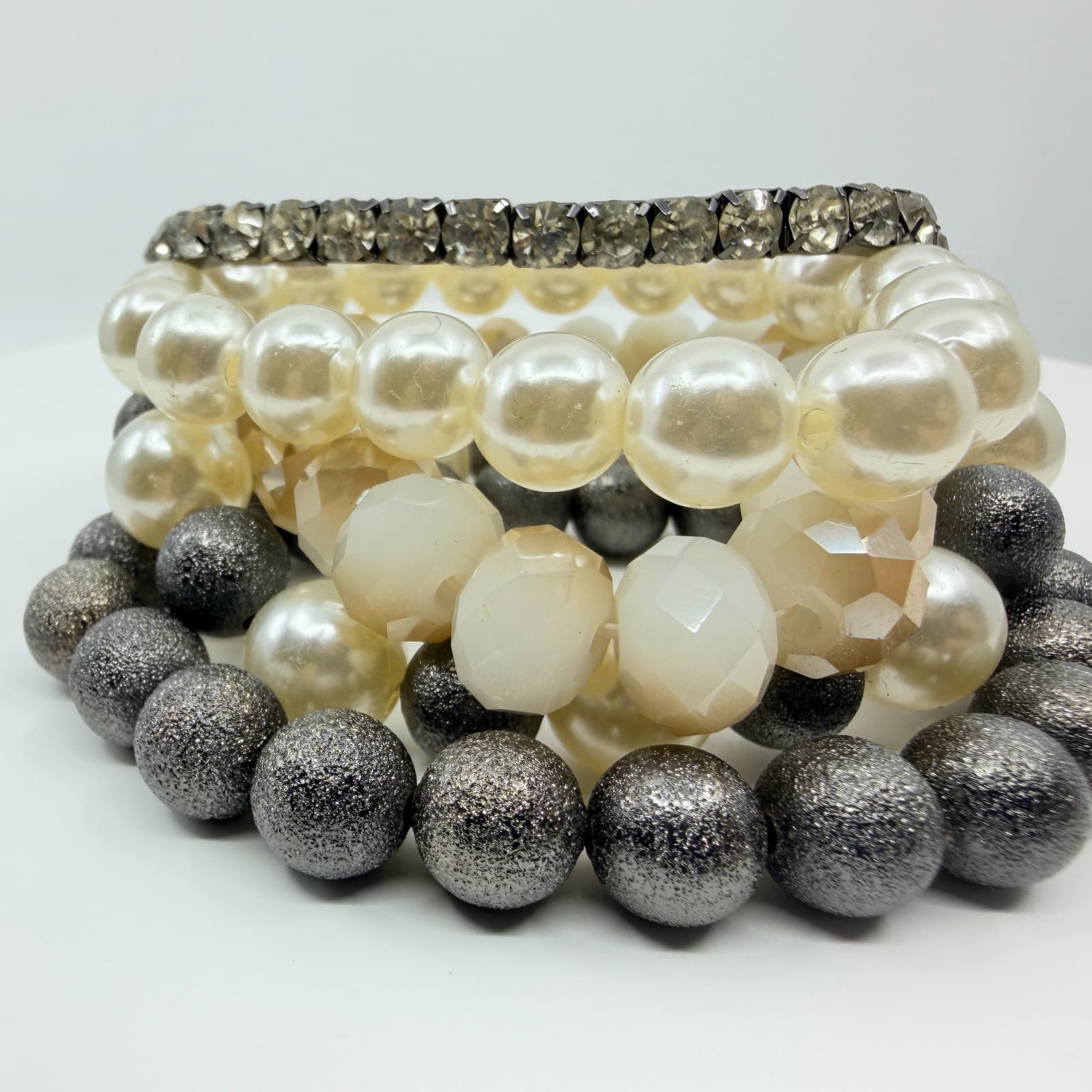 VTG Faux Pearl Rhinestone Stacked Multi Strand Stretch Bracelet Set Cream Grey - Thumbnail 2