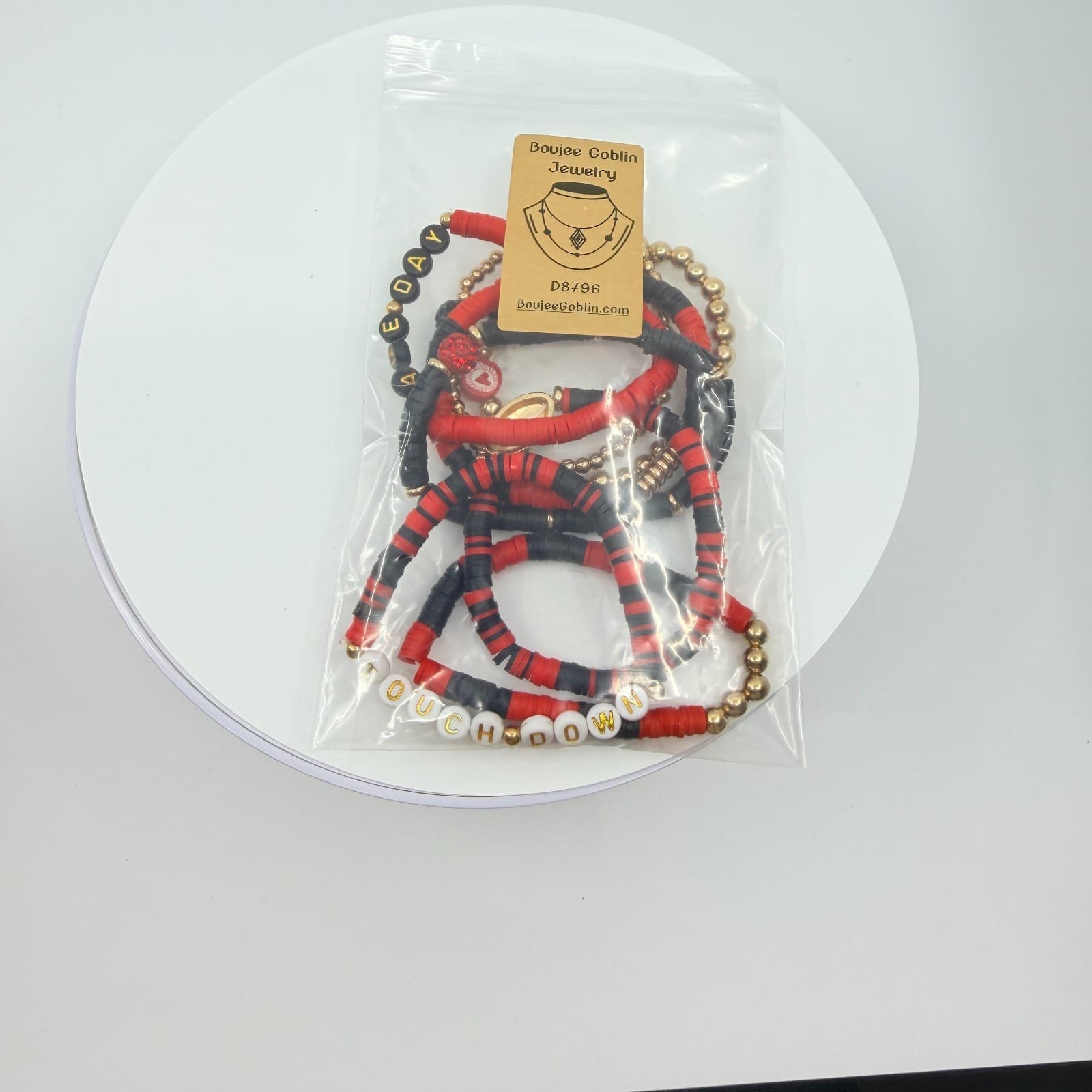 Vintage Game Day Football Touchdown Beaded Stretch Bracelets Red Black Stack Set - Thumbnail 15