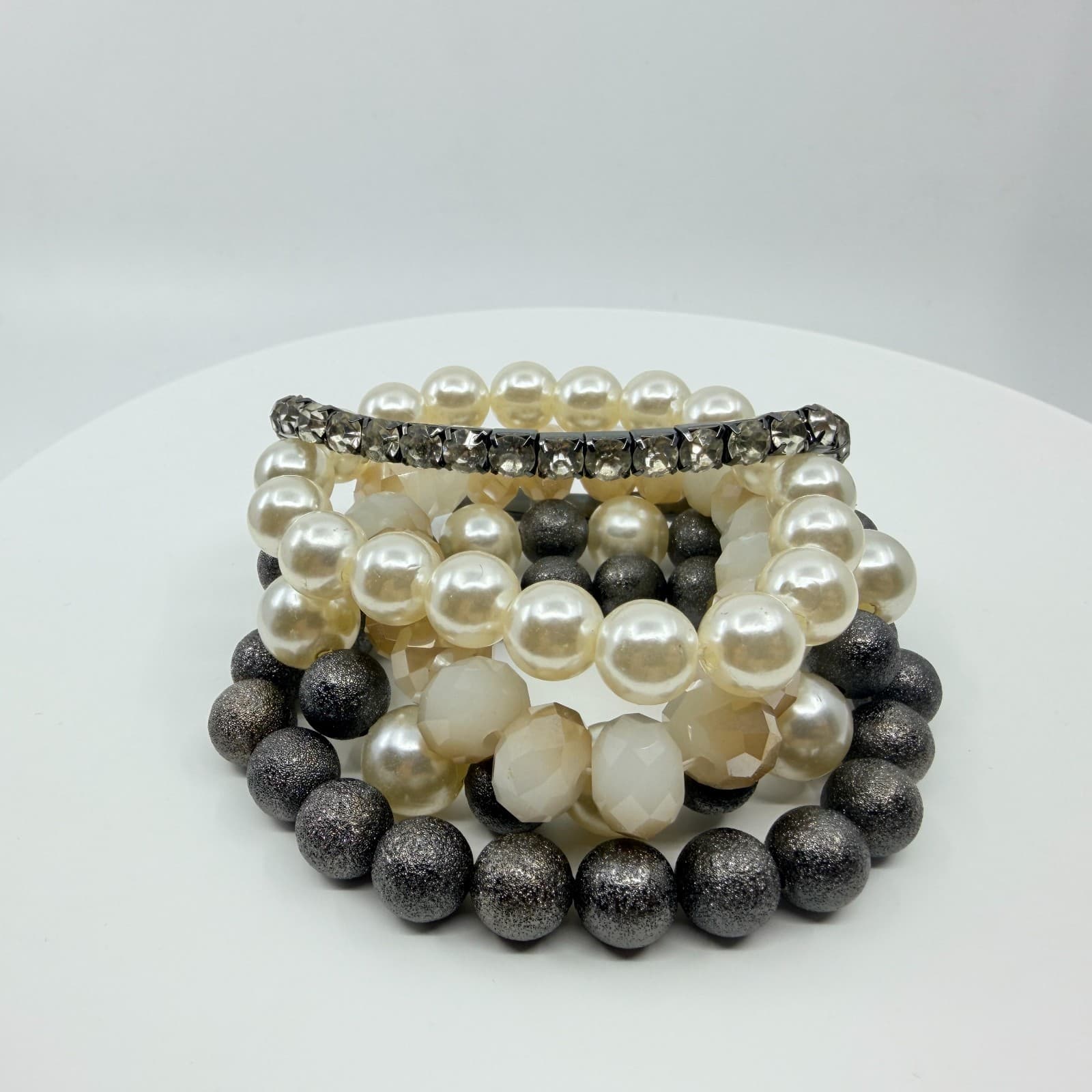 VTG Faux Pearl Rhinestone Stacked Multi Strand Stretch Bracelet Set Cream Grey - Thumbnail 7