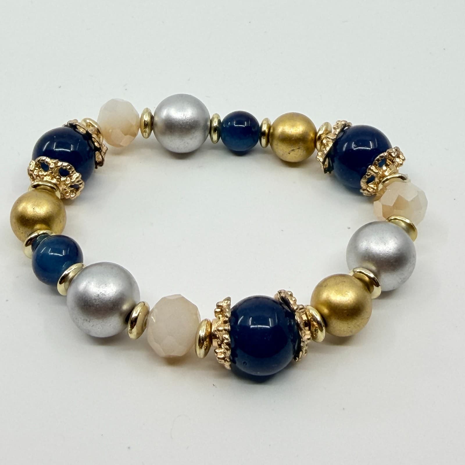 VTG Multi Bead Stretch Bracelet Gold & Silver Tone Blue Chunky Statement Jewelry - Thumbnail 3