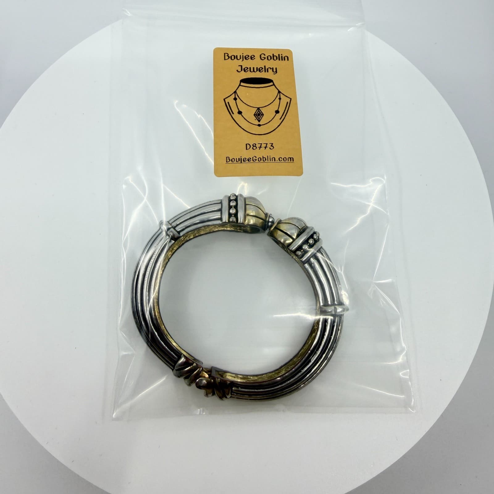 Vintage Two Tone Silver & Gold Tone Cable Ribbed Bypass Hinge Bangle Bracelet - Thumbnail 9