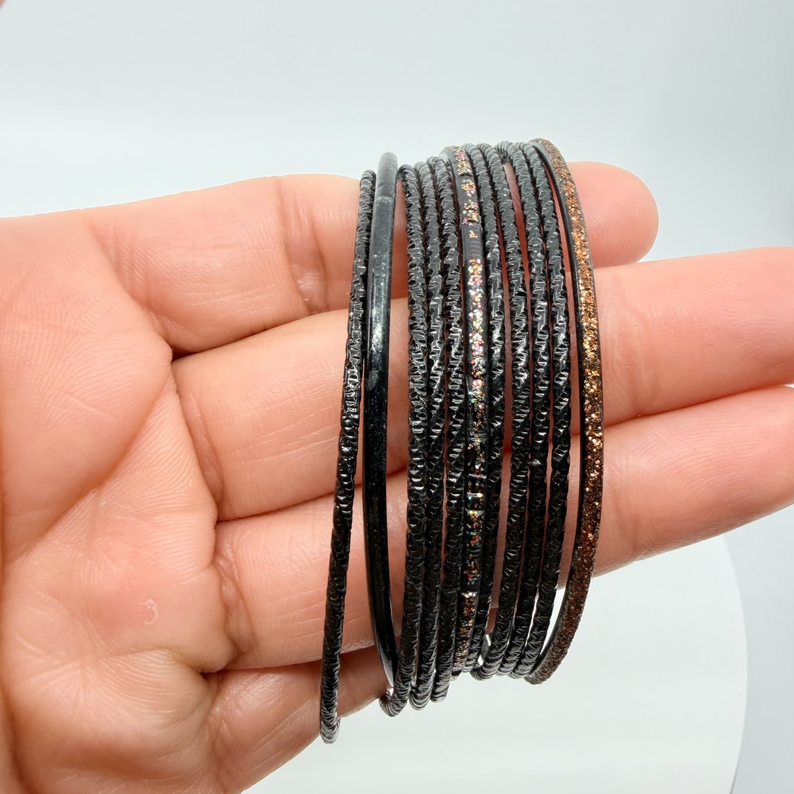 Vintage Black Glitter Textured Stackable Bangle Bracelets Retro Goth 12pc Set - Thumbnail 6