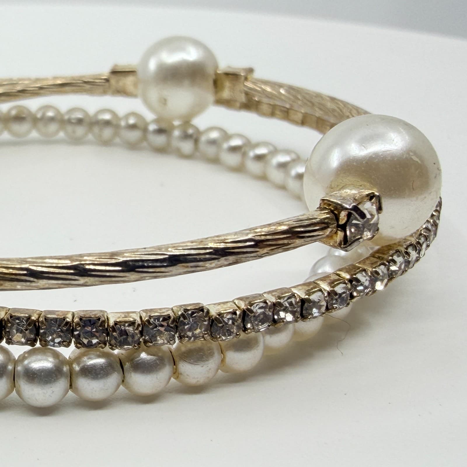 Vintage Faux Pearl Rhinestone Coil Wrap Bracelet Gold Tone Layered Cuff Retro - Thumbnail 6