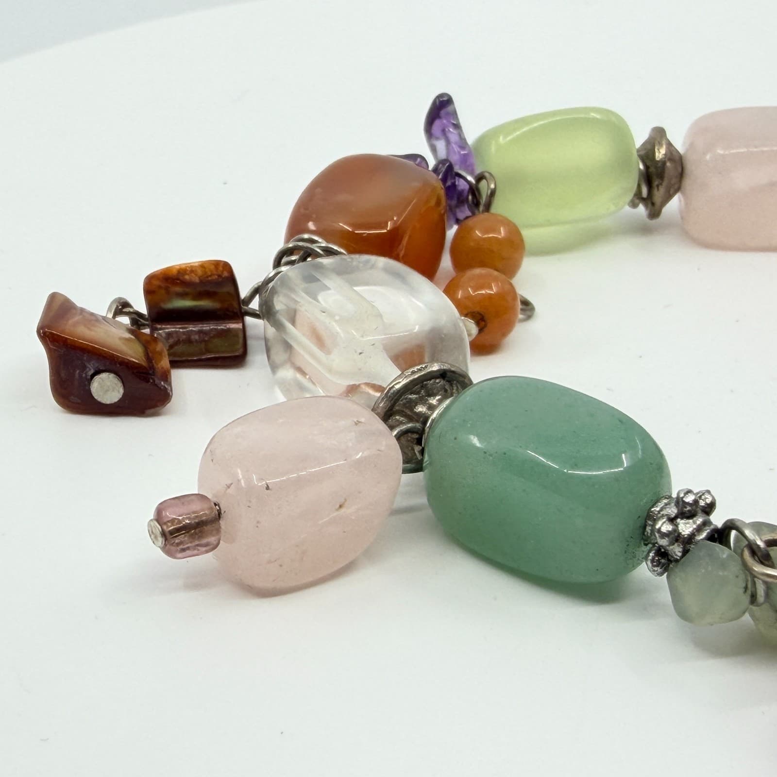 Vintage Boho Chunky Gemstone Link Charm Bracelet Multi Color Quartz Aventurine - Thumbnail 4