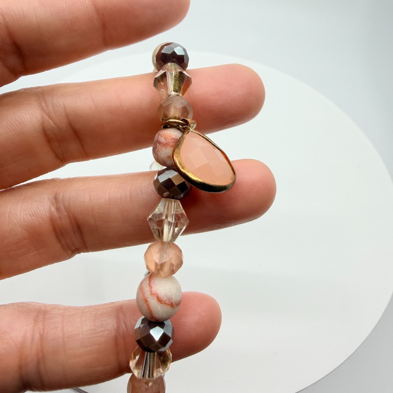 Vintage Peach Beaded Stretch Bracelet Faceted Crystal Teardrop Charm Boho Retro - Thumbnail 7