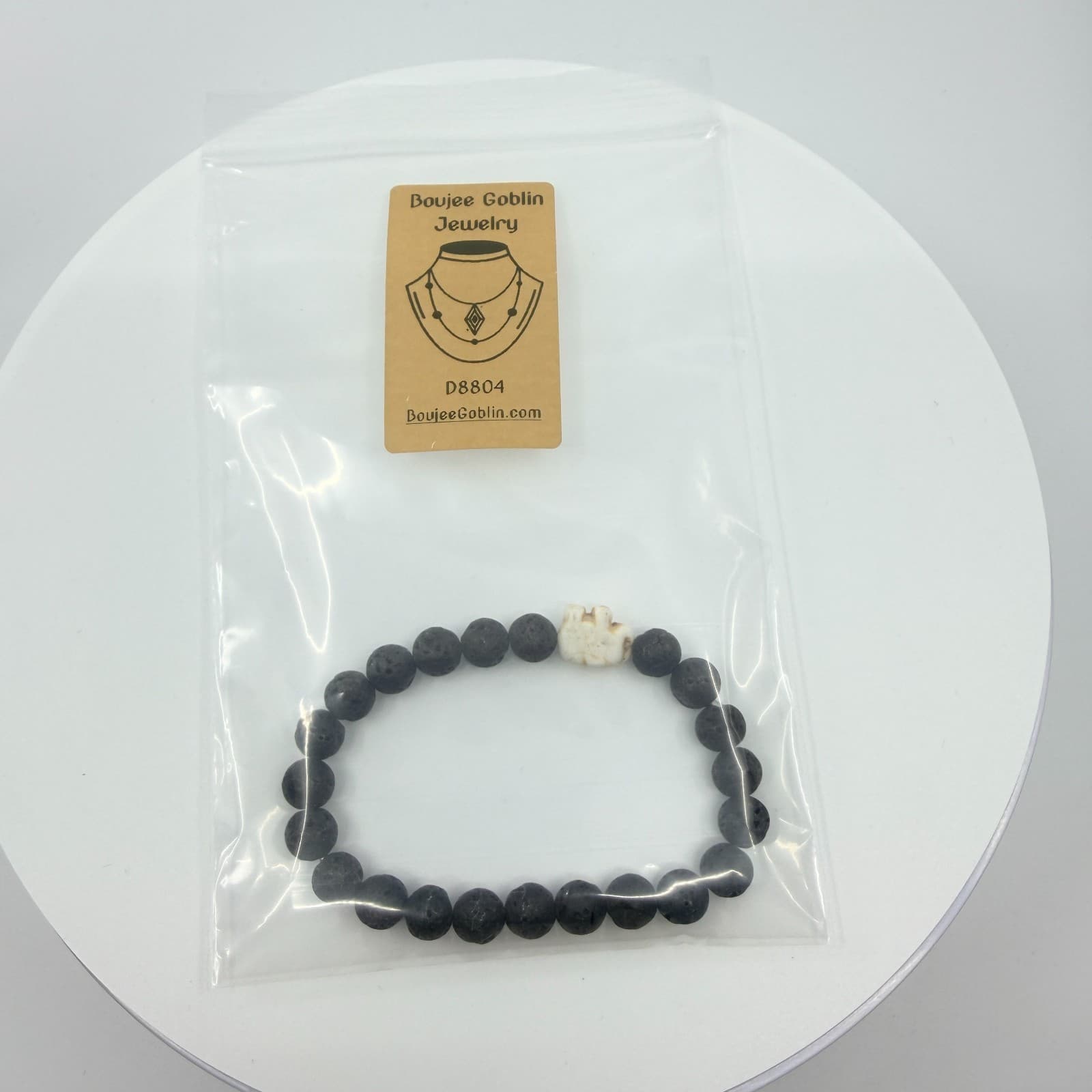 Vintage Black Lava Rock Bead Stretch Bracelet White Howlite Elephant Boho Retro - Thumbnail 10