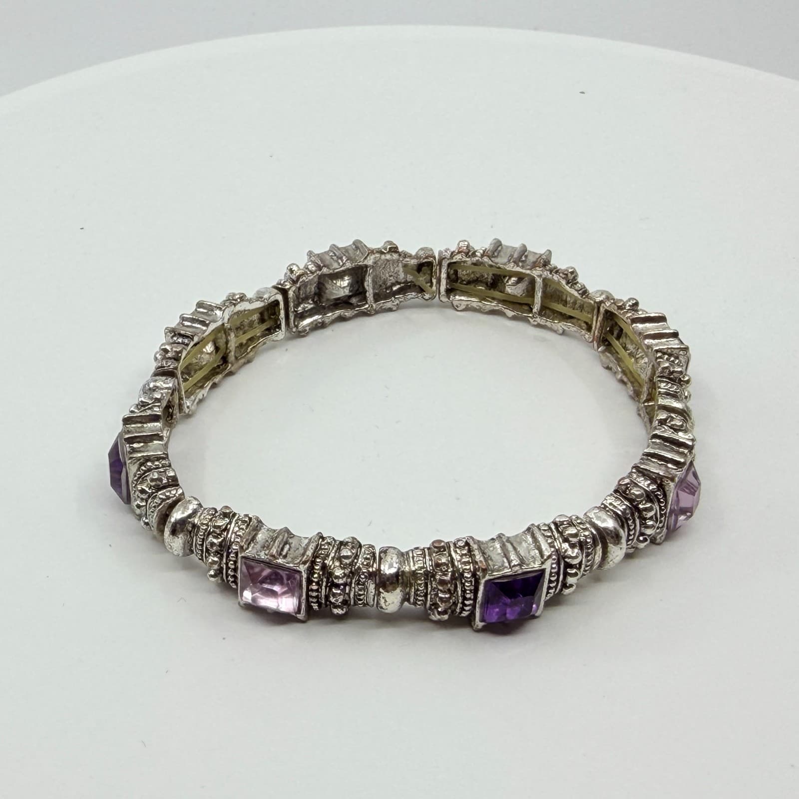 Vintage Y2K Silver Tone Purple Rhinestone Ornate Bali Style Stretch Bracelet - Thumbnail 5