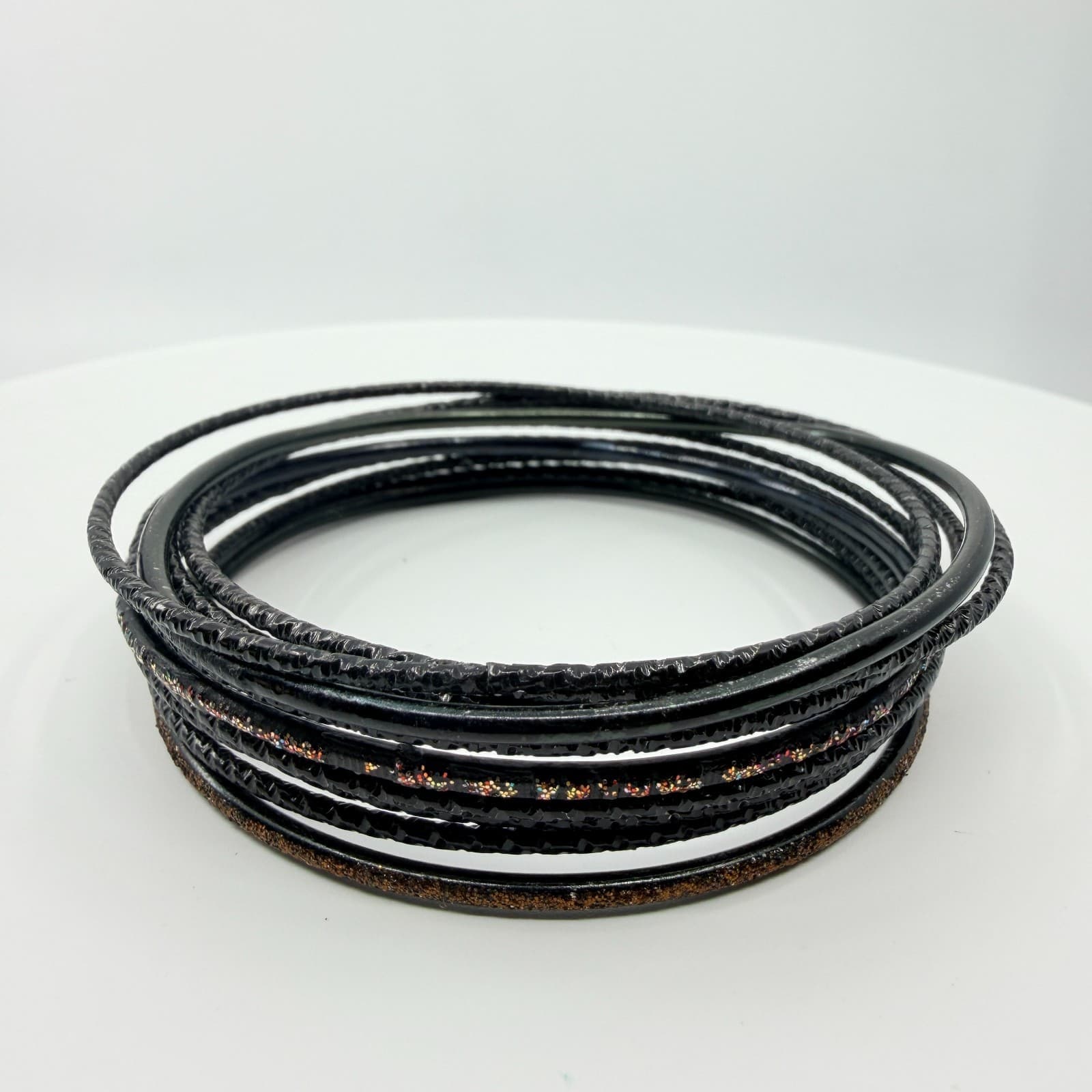 Vintage Black Glitter Textured Stackable Bangle Bracelets Retro Goth 12pc Set - Thumbnail 2