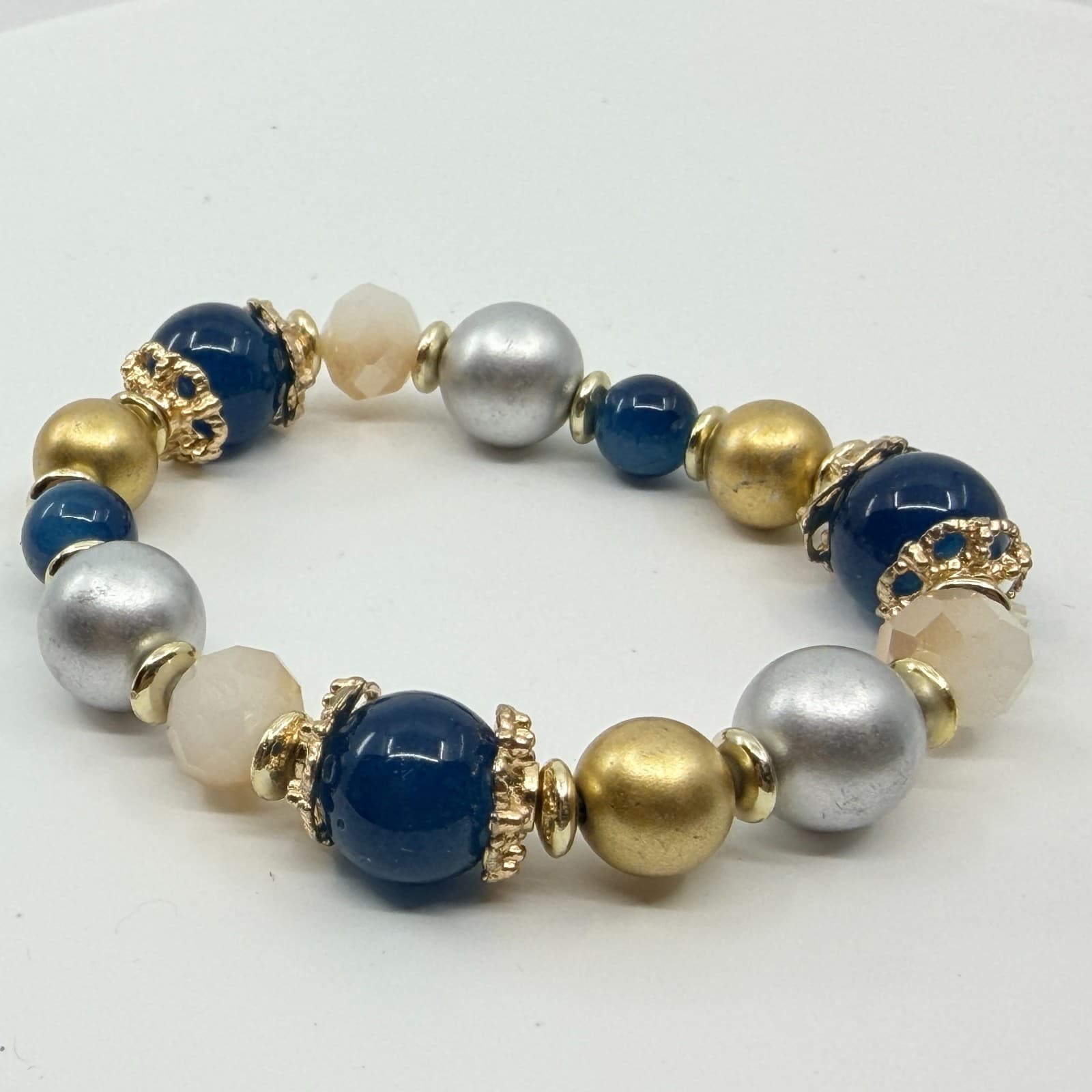 VTG Multi Bead Stretch Bracelet Gold & Silver Tone Blue Chunky Statement Jewelry - Thumbnail 5