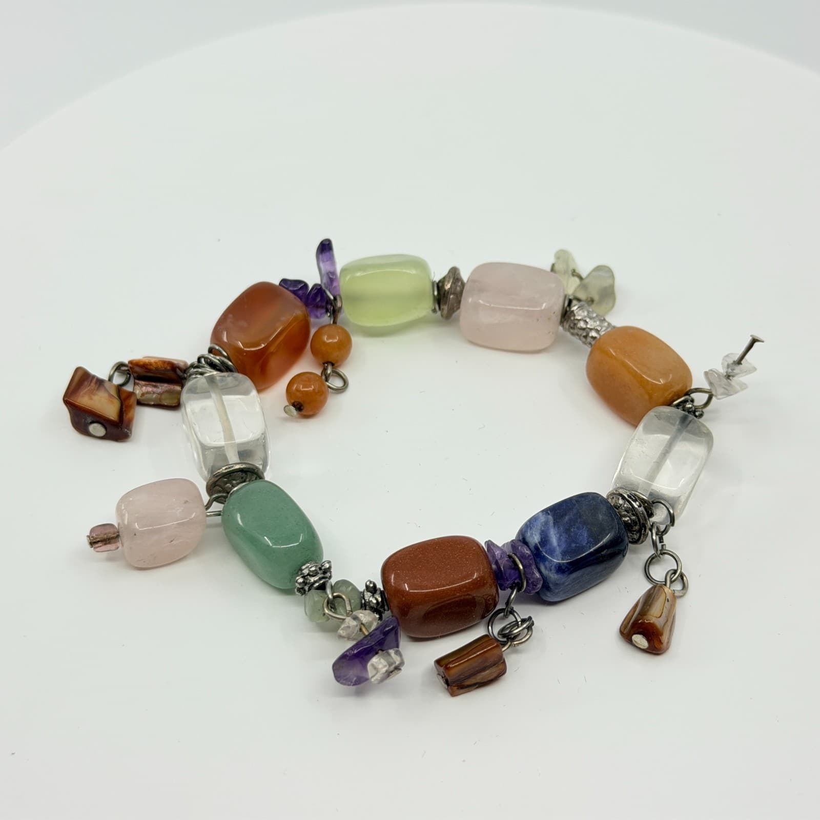 Vintage Boho Chunky Gemstone Link Charm Bracelet Multi Color Quartz Aventurine - Thumbnail 6