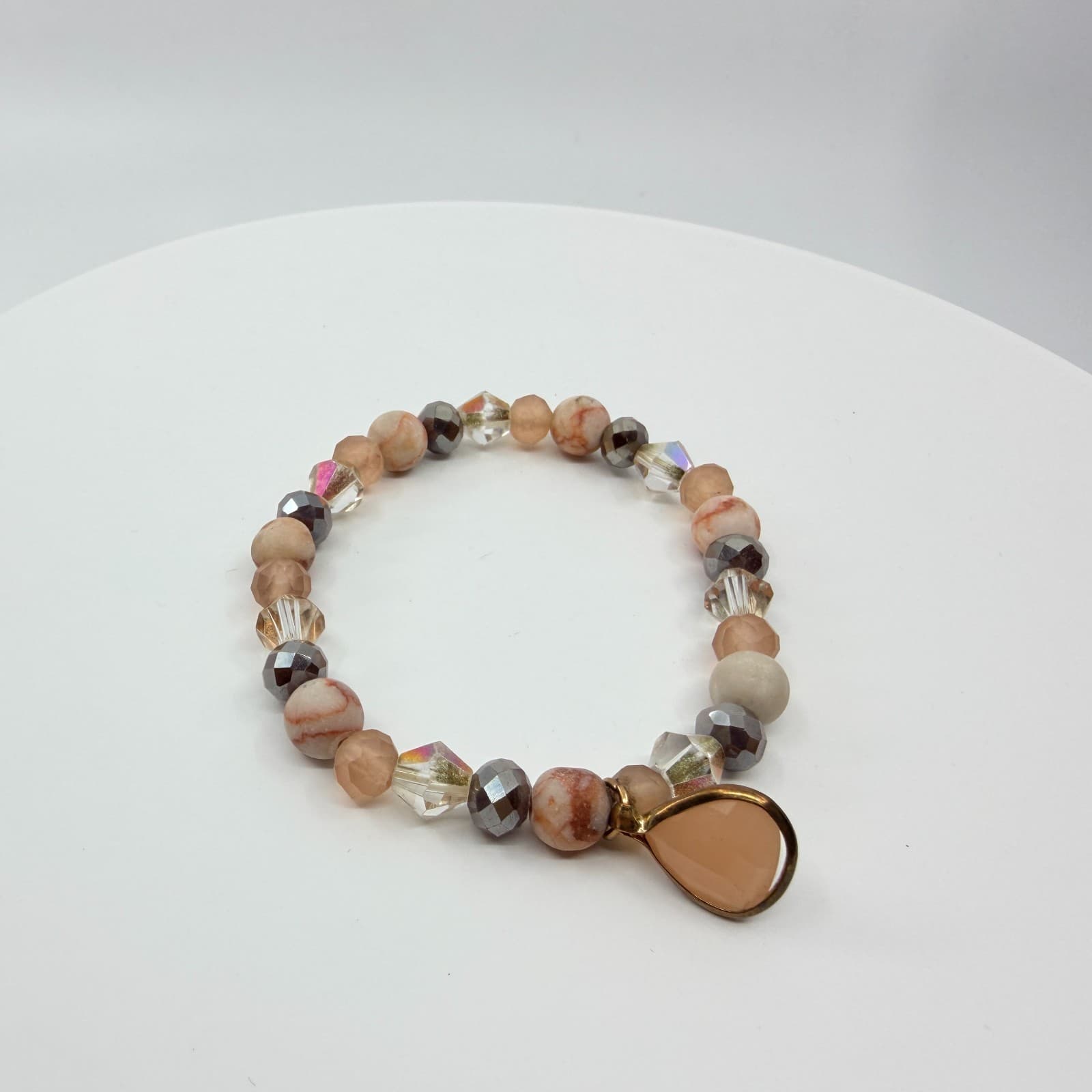 Vintage Peach Beaded Stretch Bracelet Faceted Crystal Teardrop Charm Boho Retro - Thumbnail 4