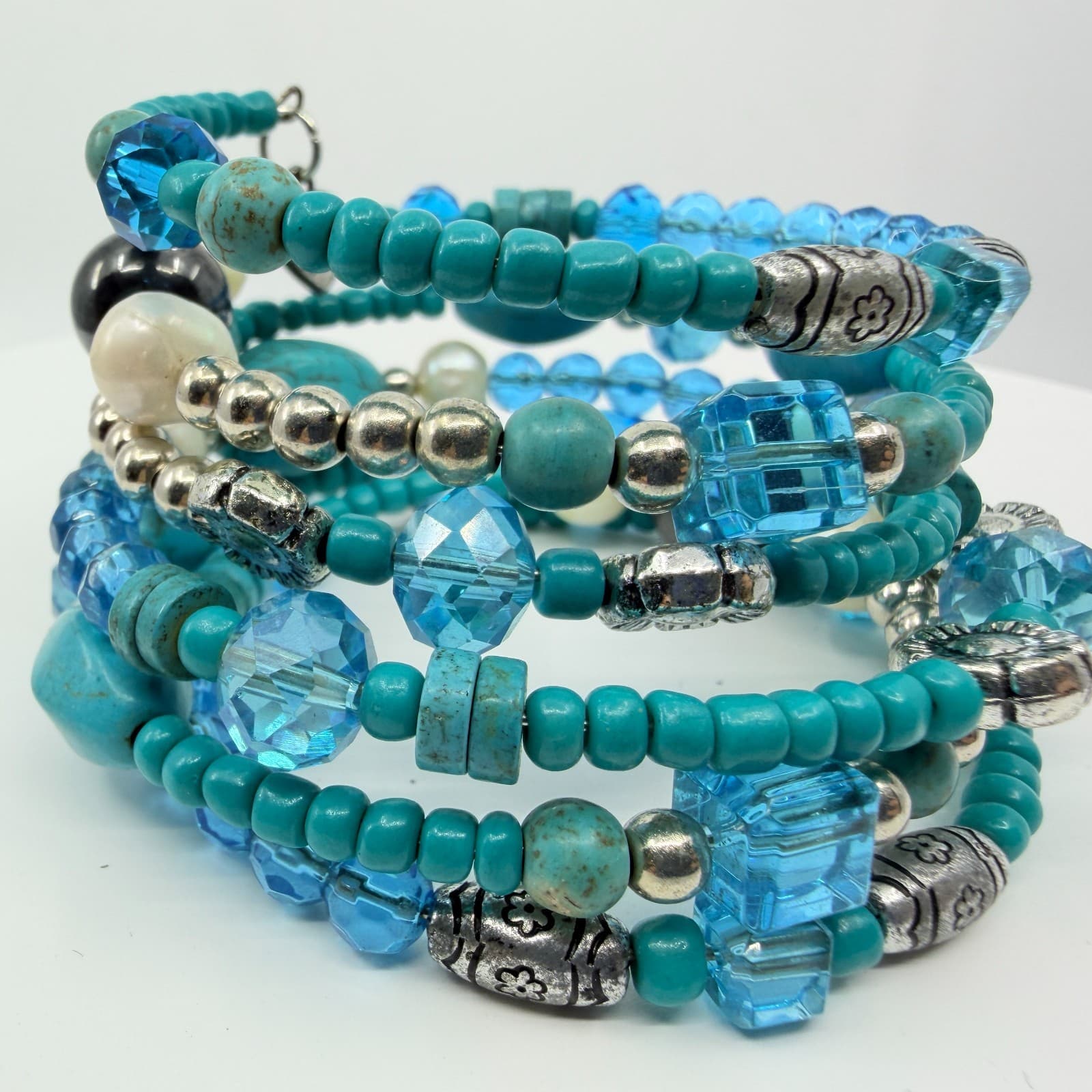 Vintage Faux Turquoise Blue Crystal Bead Multi Layer Stack Wrap Coil Bracelet - Thumbnail 2