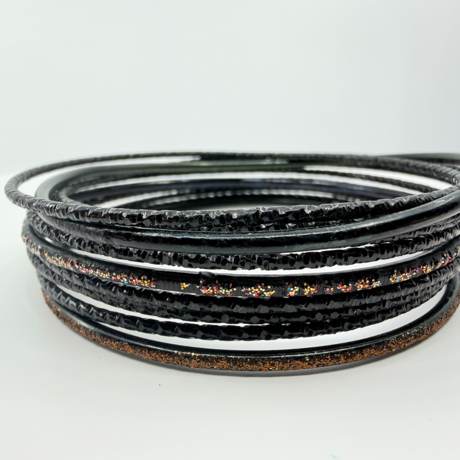 Vintage Black Glitter Textured Stackable Bangle Bracelets Retro Goth 12pc Set - Thumbnail 3
