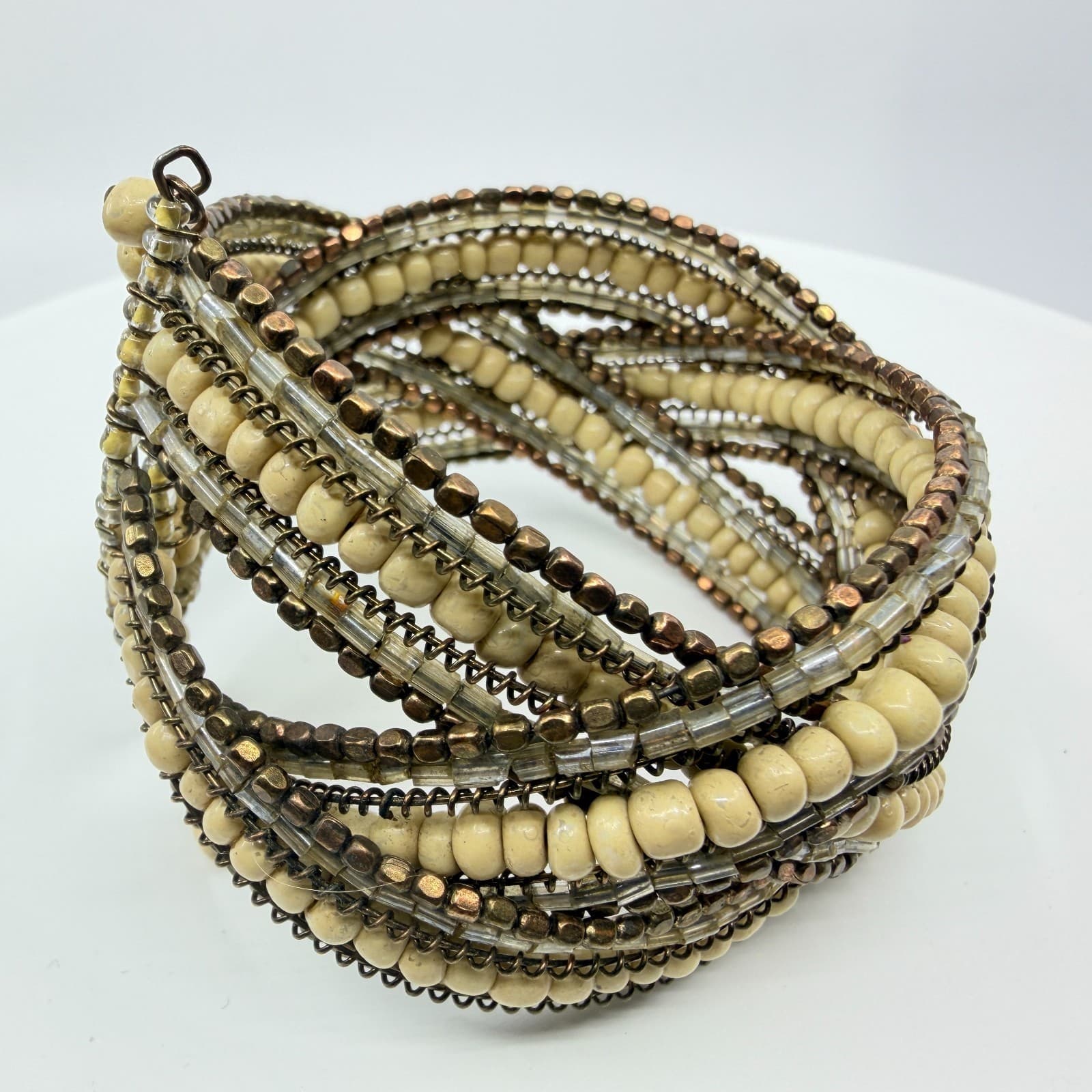 Vintage Multi Strand Beaded Cuff Bracelet Cream Bronze Tone Layered Statement - Thumbnail 8