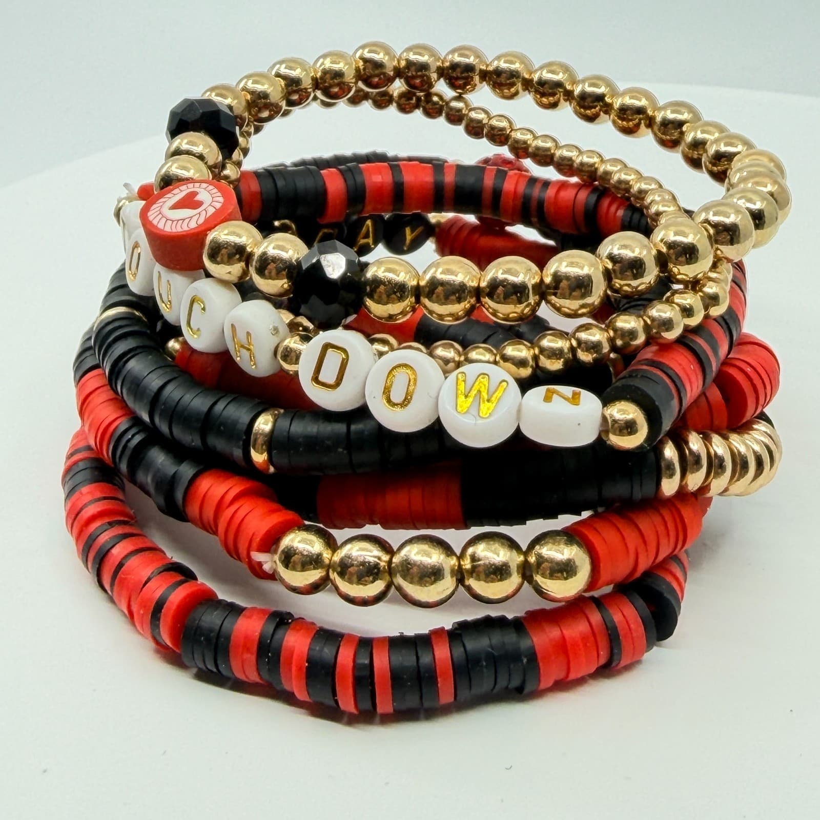 Vintage Game Day Football Touchdown Beaded Stretch Bracelets Red Black Stack Set - Thumbnail 6