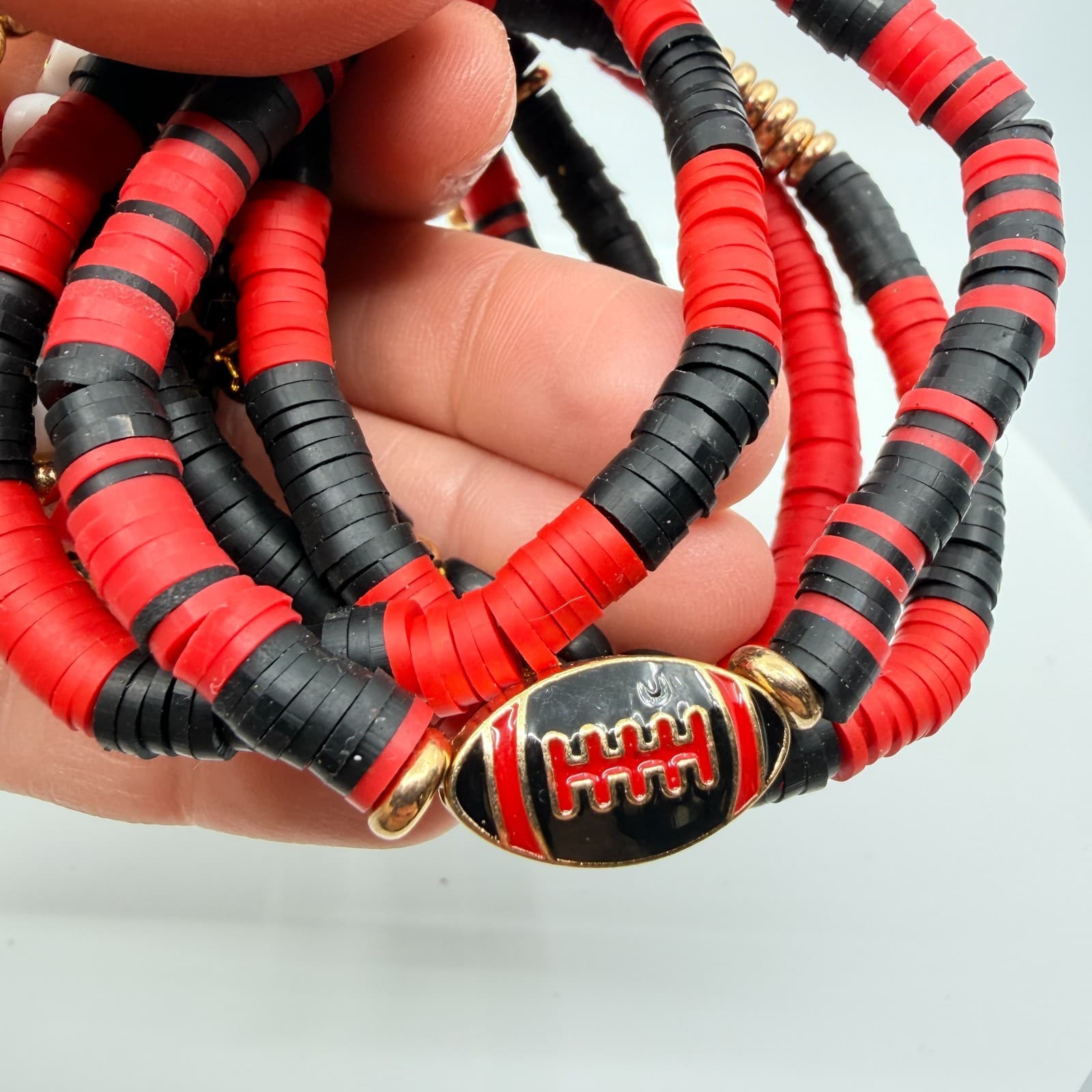 Vintage Game Day Football Touchdown Beaded Stretch Bracelets Red Black Stack Set - Thumbnail 9