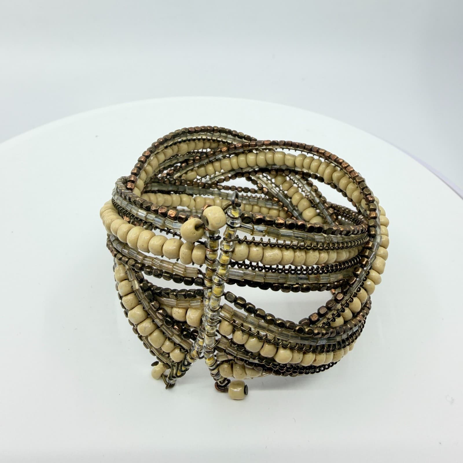 Vintage Multi Strand Beaded Cuff Bracelet Cream Bronze Tone Layered Statement - Thumbnail 5