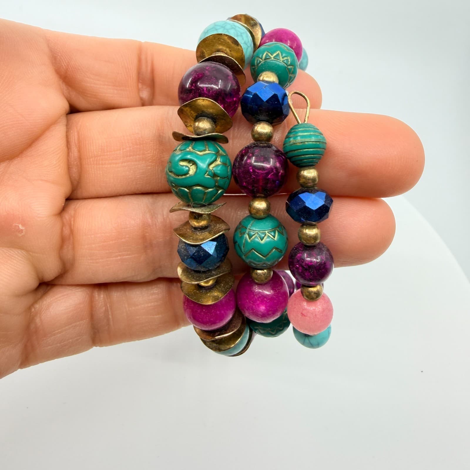 Vintage Boho Multi Color Faux Turquoise Beaded Memory Wire Wrap Cuff Bracelet - Thumbnail 9