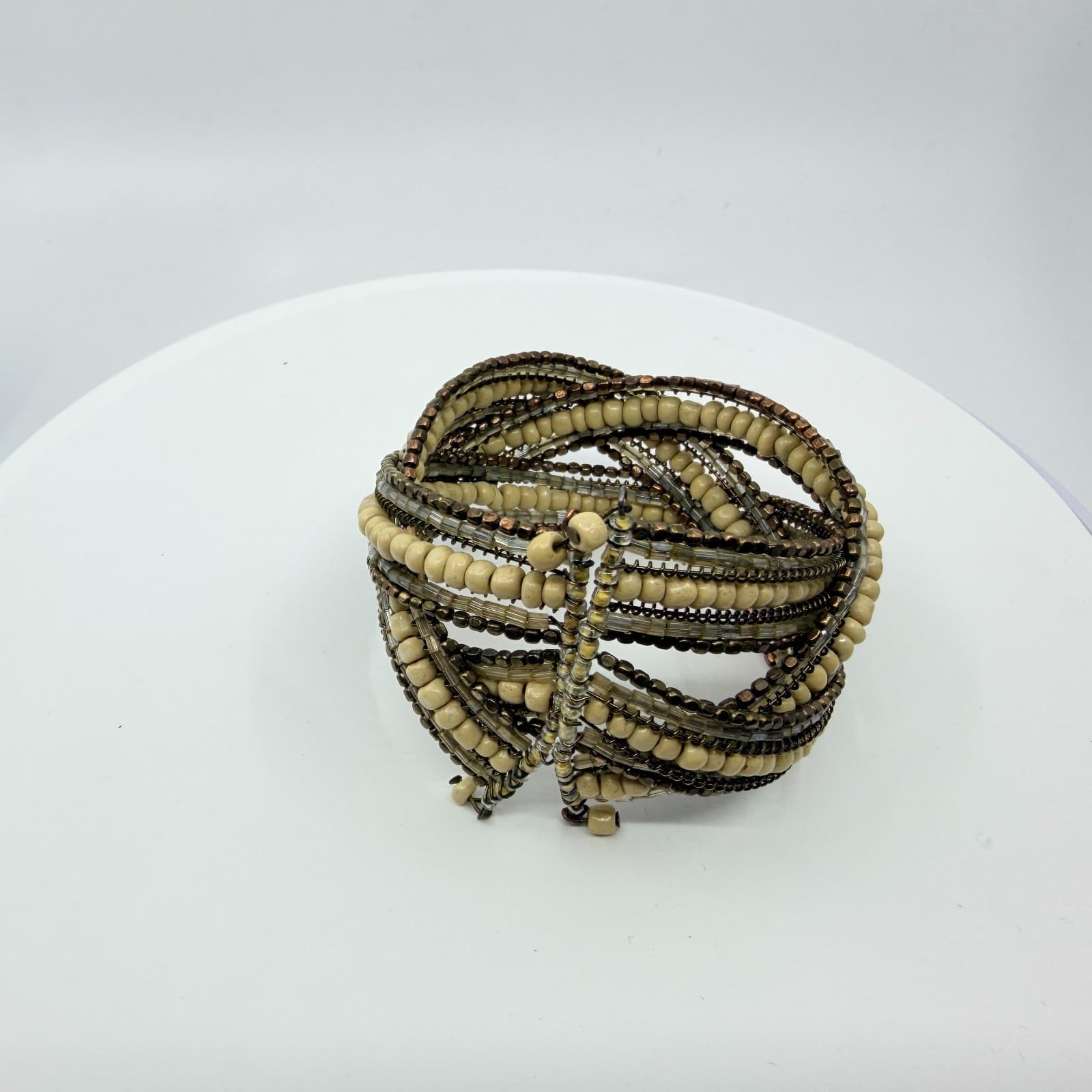 Vintage Multi Strand Beaded Cuff Bracelet Cream Bronze Tone Layered Statement - Thumbnail 10
