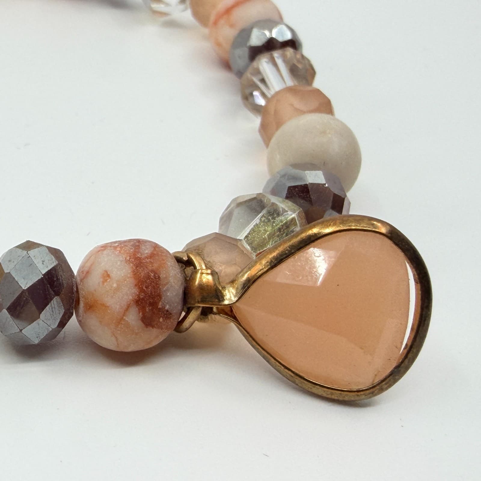 Vintage Peach Beaded Stretch Bracelet Faceted Crystal Teardrop Charm Boho Retro - Thumbnail 5