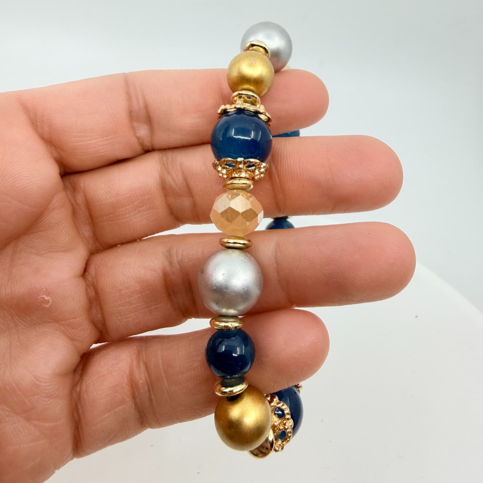 VTG Multi Bead Stretch Bracelet Gold & Silver Tone Blue Chunky Statement Jewelry - Thumbnail 8