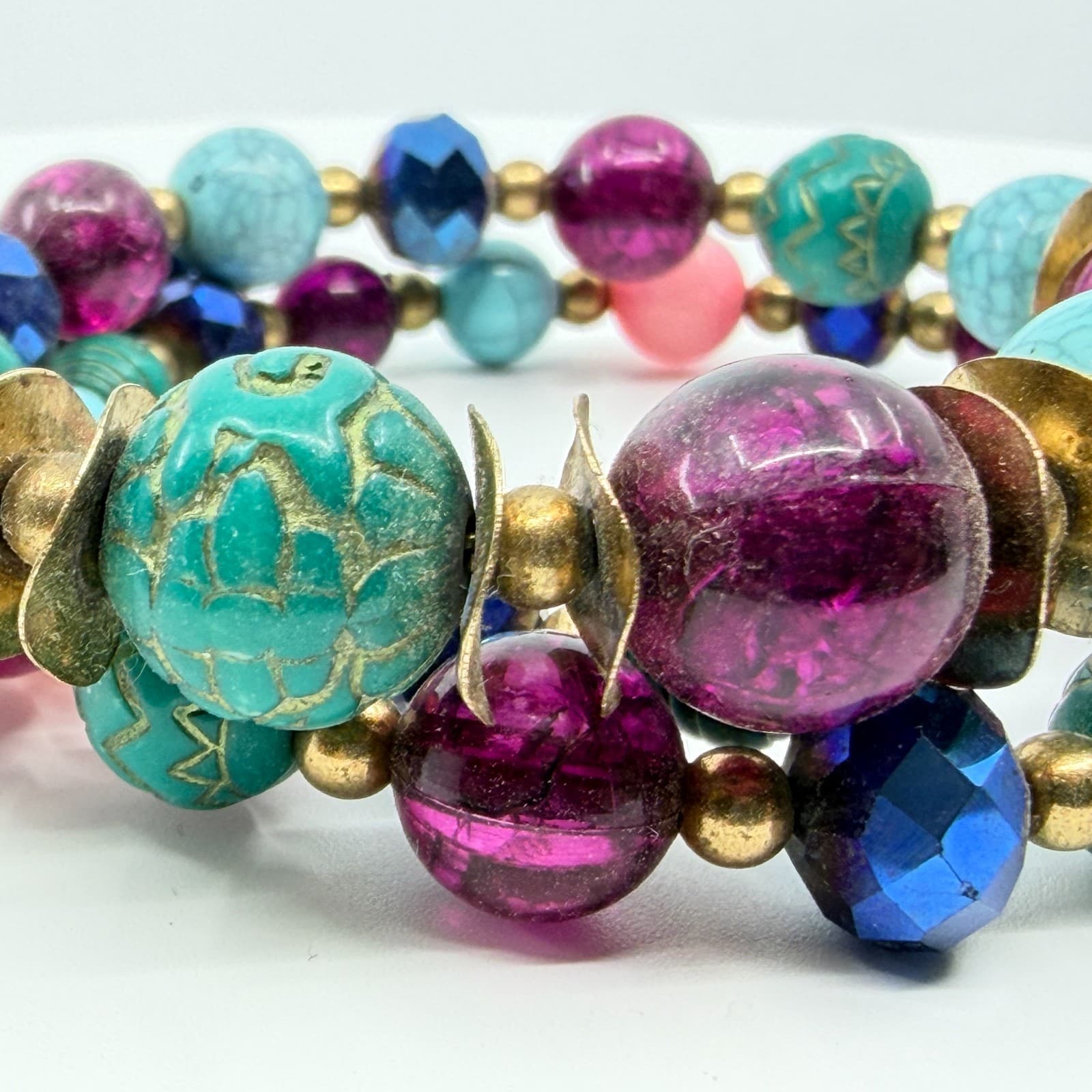 Vintage Boho Multi Color Faux Turquoise Beaded Memory Wire Wrap Cuff Bracelet - Thumbnail 4
