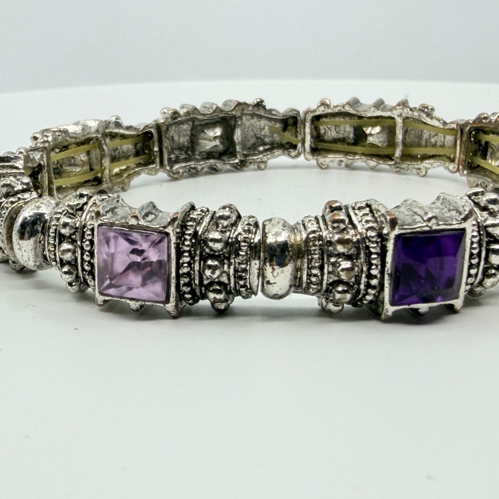 Vintage Y2K Silver Tone Purple Rhinestone Ornate Bali Style Stretch Bracelet - Thumbnail 3